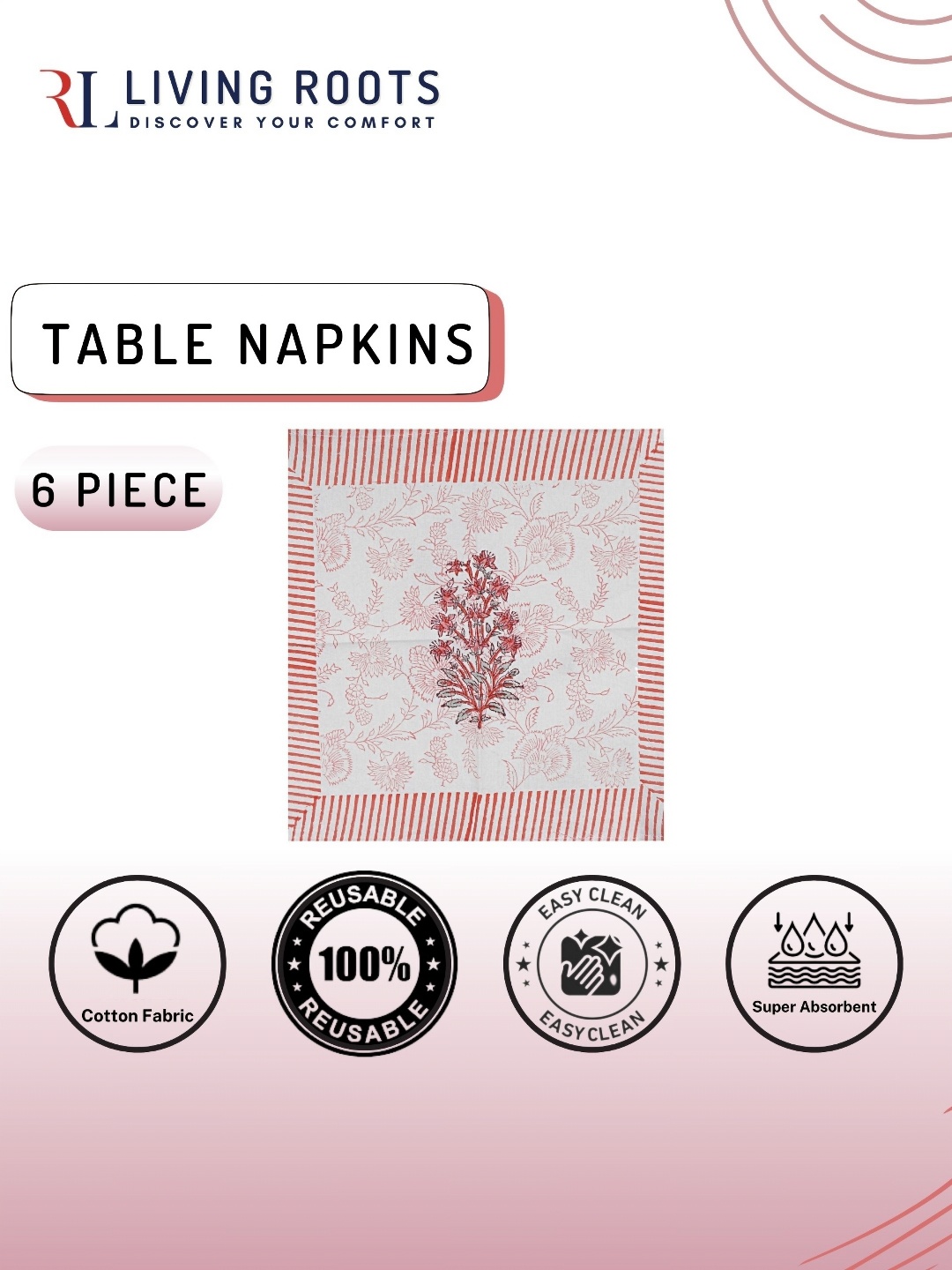 

LIVING ROOTS White & Pink 6 Pieces Floral Printed Cotton Table Napkins