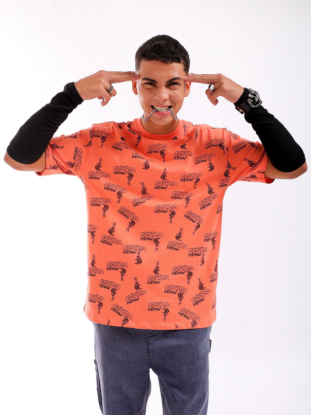 

The Indian Garage Co Men All Over Printed Round Neck Boxy Oversized T-shirt, Orange