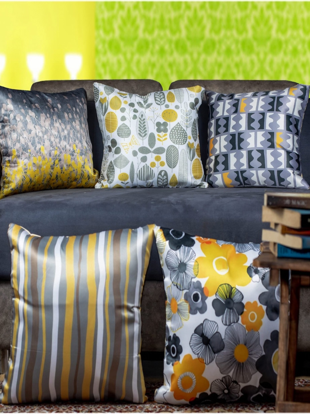 

Vendola White & Grey 5 Pieces Geometric Printed Satin Square Cushion Covers