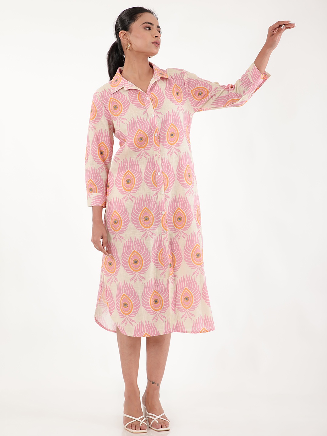 

WESTIFIED Evil Eye Printed Cuffed Sleeves Cotton Shirt Midi Dress, Pink