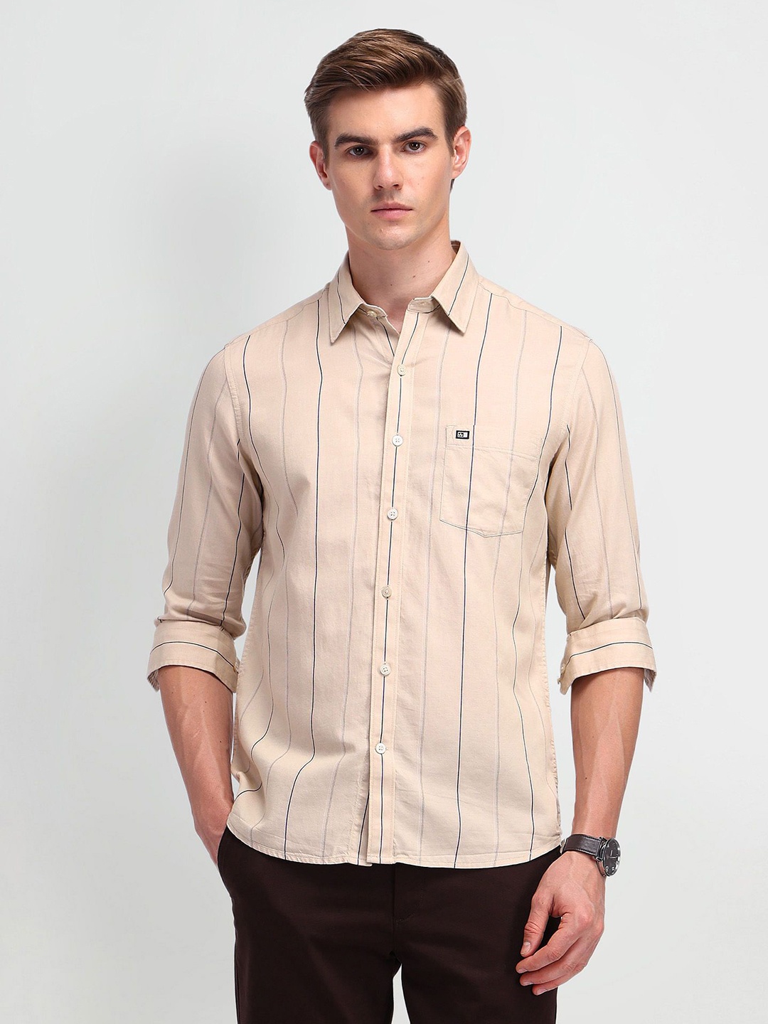

Arrow Sport Men Modern Slim Fit Opaque Striped Casual Shirt, Beige