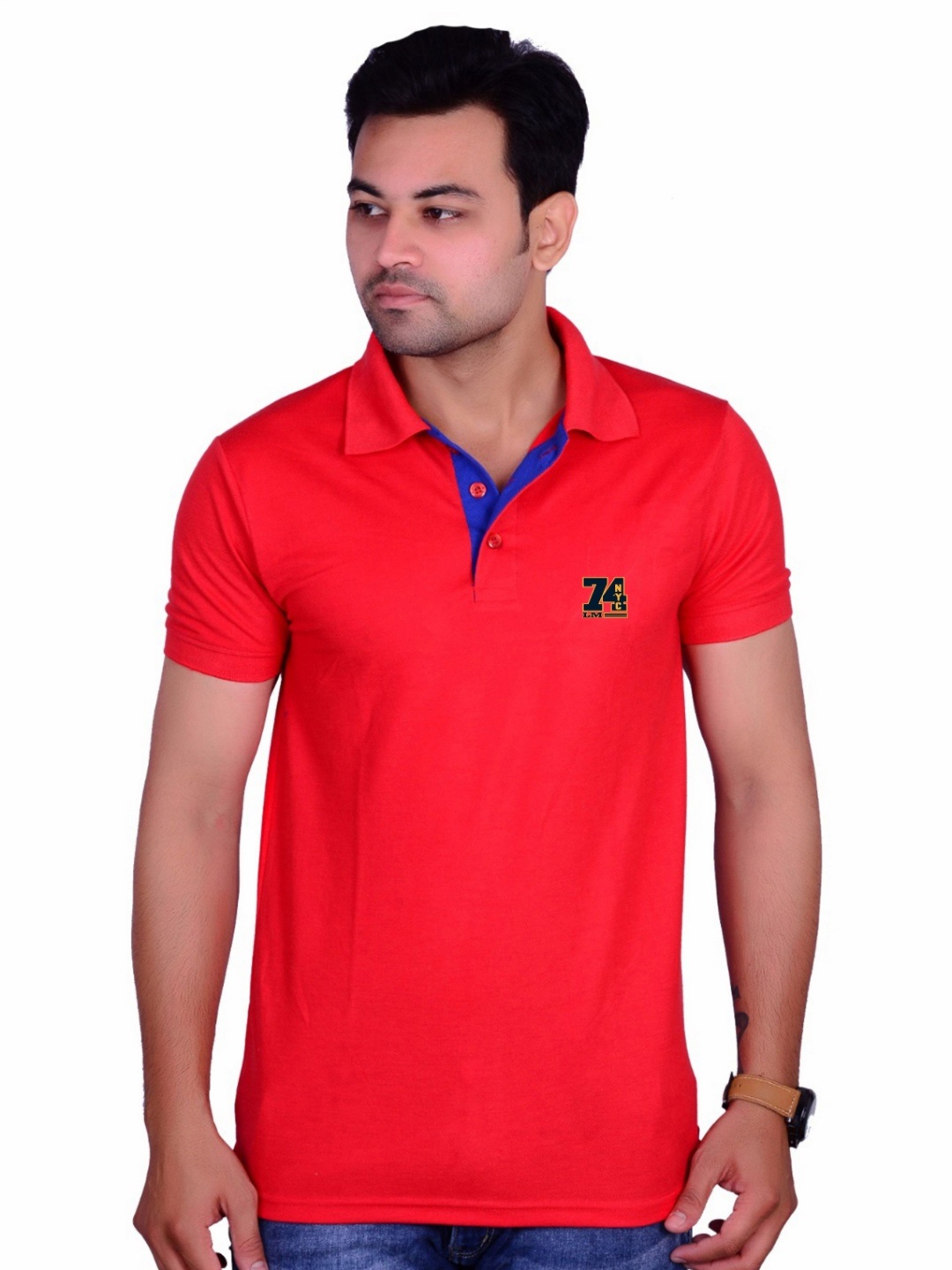 

LA MILANO Men Polo Collar Applique Slim Fit T-shirt, Red