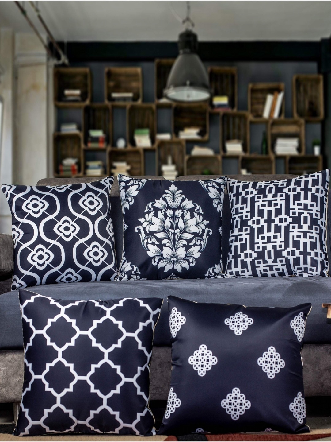 

Vendola Navy Blue & White 5 Pieces Geometric Printed Satin Square Cushion Covers