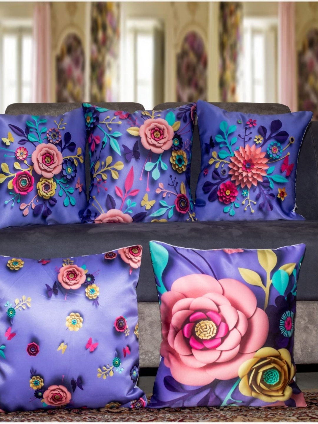 

Vendola Purple & Pink 5 Pieces Floral Printed Satin Square Cushion Covers