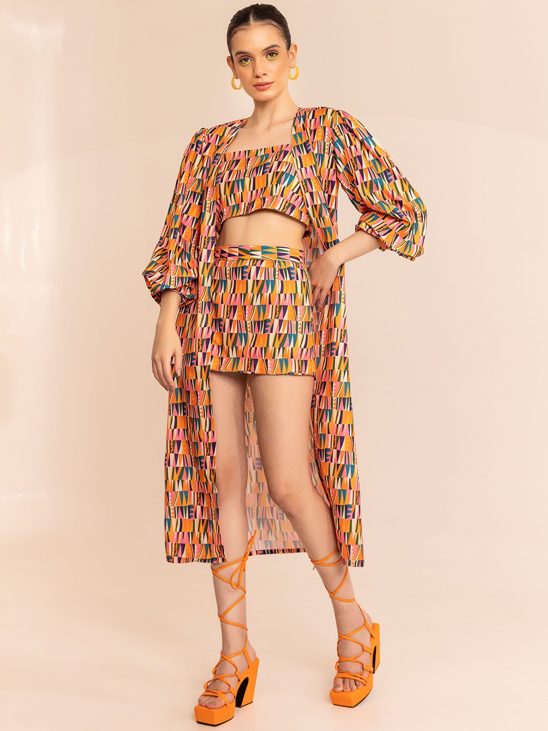 

KAORI BY SHREYA AGARWAL Printed Top & Shrug With Skirt, Orange