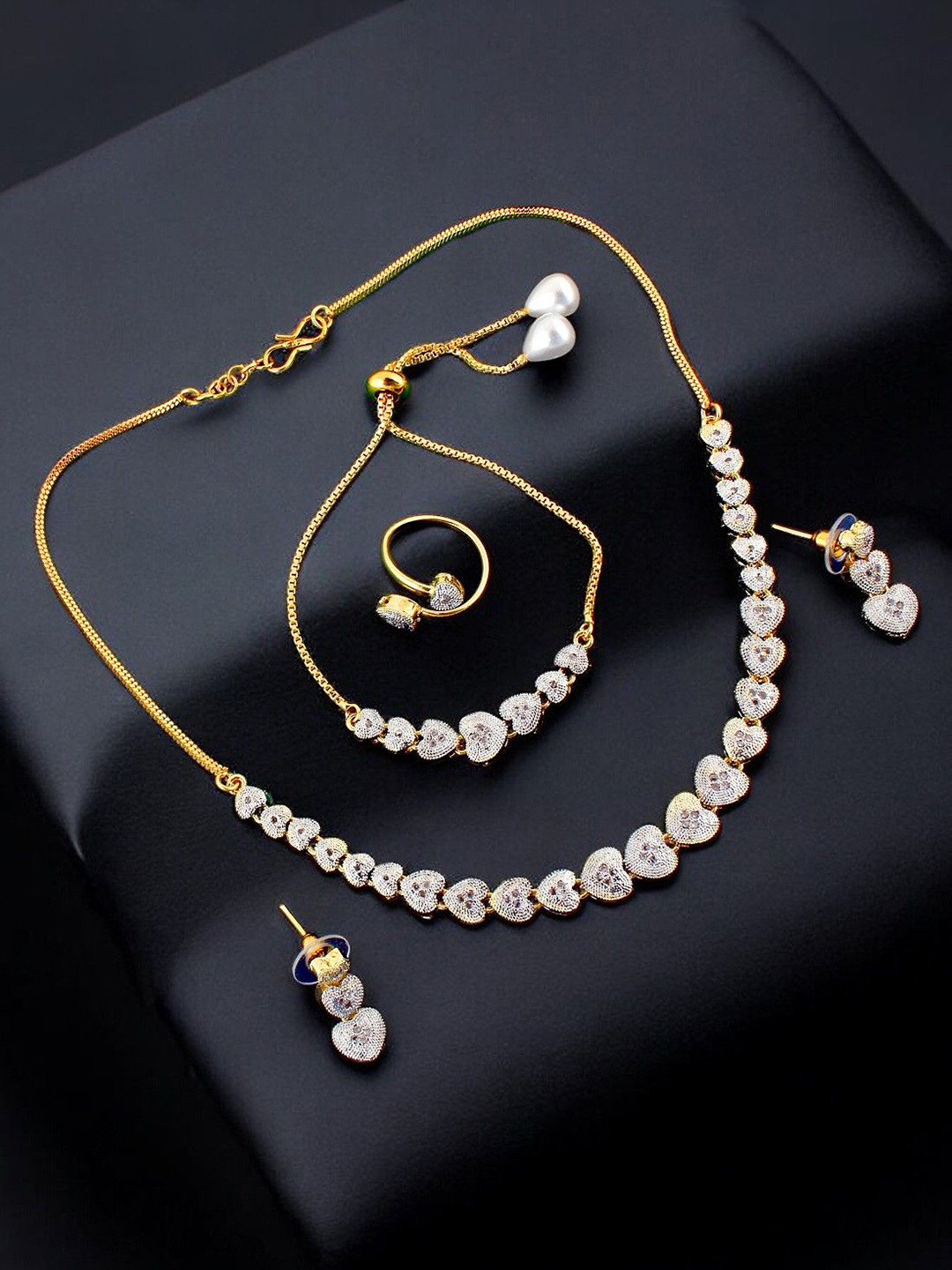 

LUCKY JEWELLERY Gold-Plated American Diamond Stone-Studded Jewellery Set