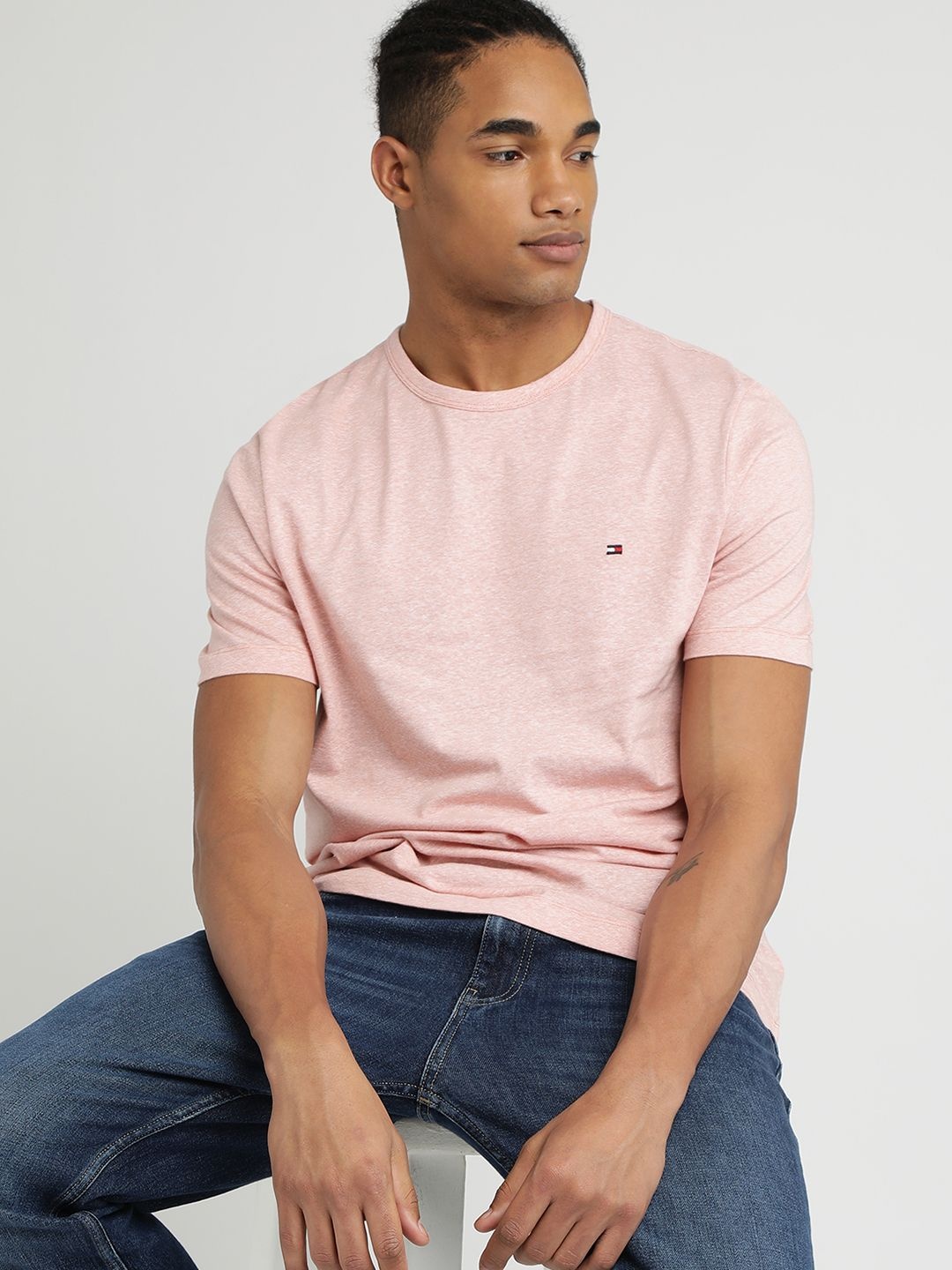 

Tommy Hilfiger Men Solid Round Neck Cotton T-shirt, Pink