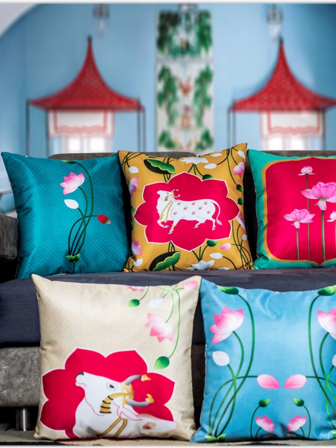 

Vendola Blue & Red 5 Pieces Floral Square Cushion Covers