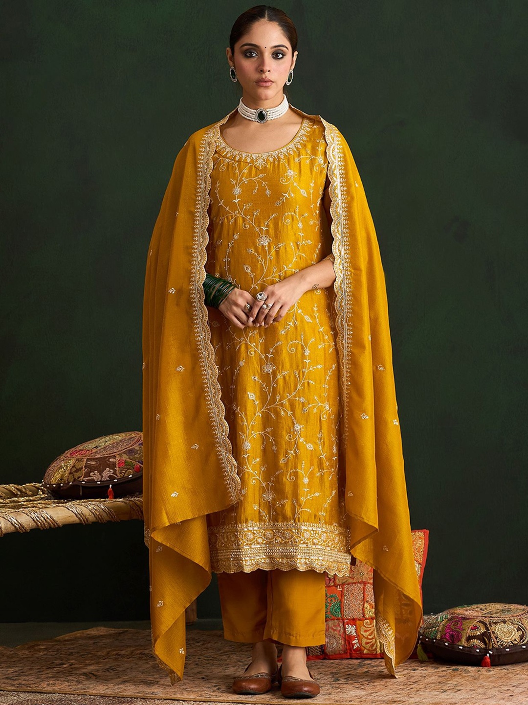 

Indo Era Women Ethnic Motifs Embroidered Regular Thread Work Kurta with Trousers & With Dupatta, Mustard