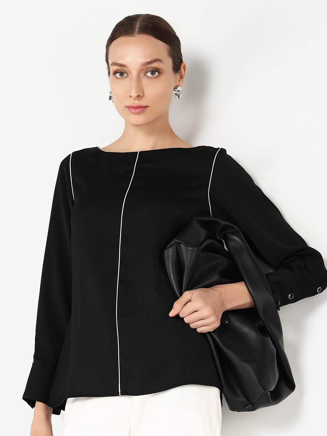 

RAREISM Women Solid Boat Neck Top, Black