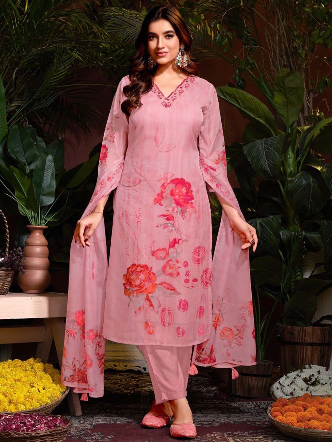 

JIVORA Floral Printed V-Neck Thread Work Organza Kurta with Trousers & Dupatta, Pink