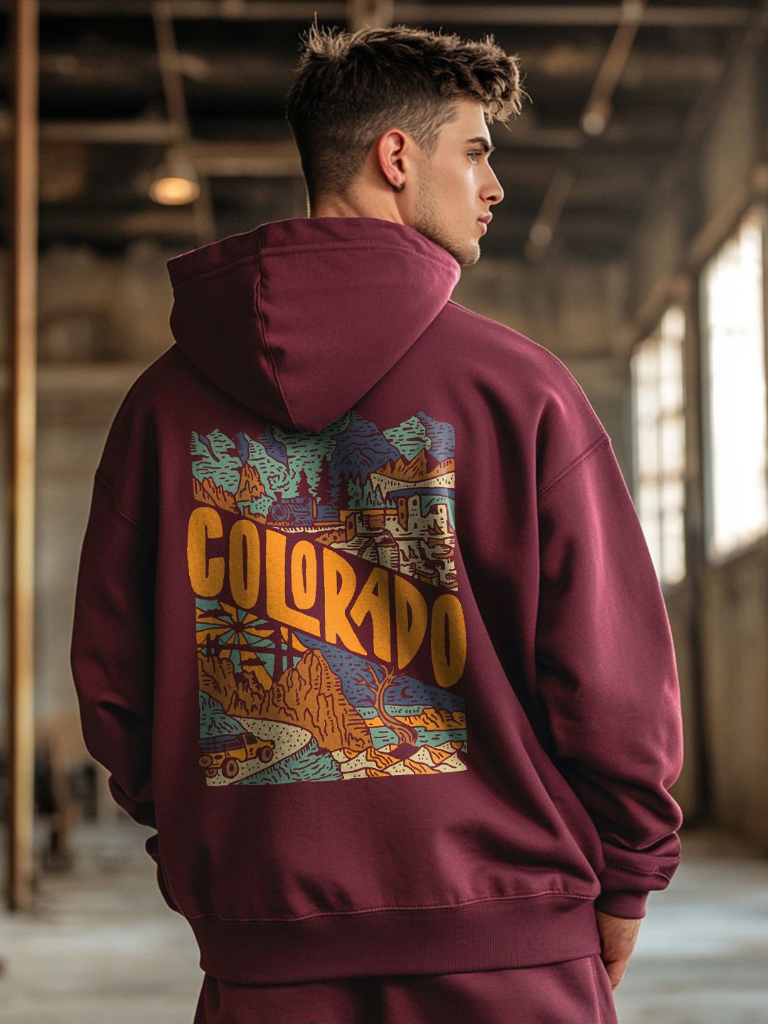 

NOBERO Men Printed Hooded Oversized Sweatshirt, Maroon