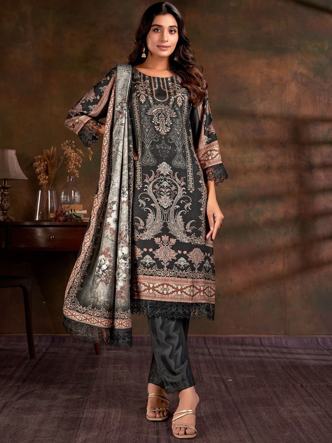 

JIVORA Floral Printed Pure Silk Straight Kurta with Trousers & Dupatta, Black