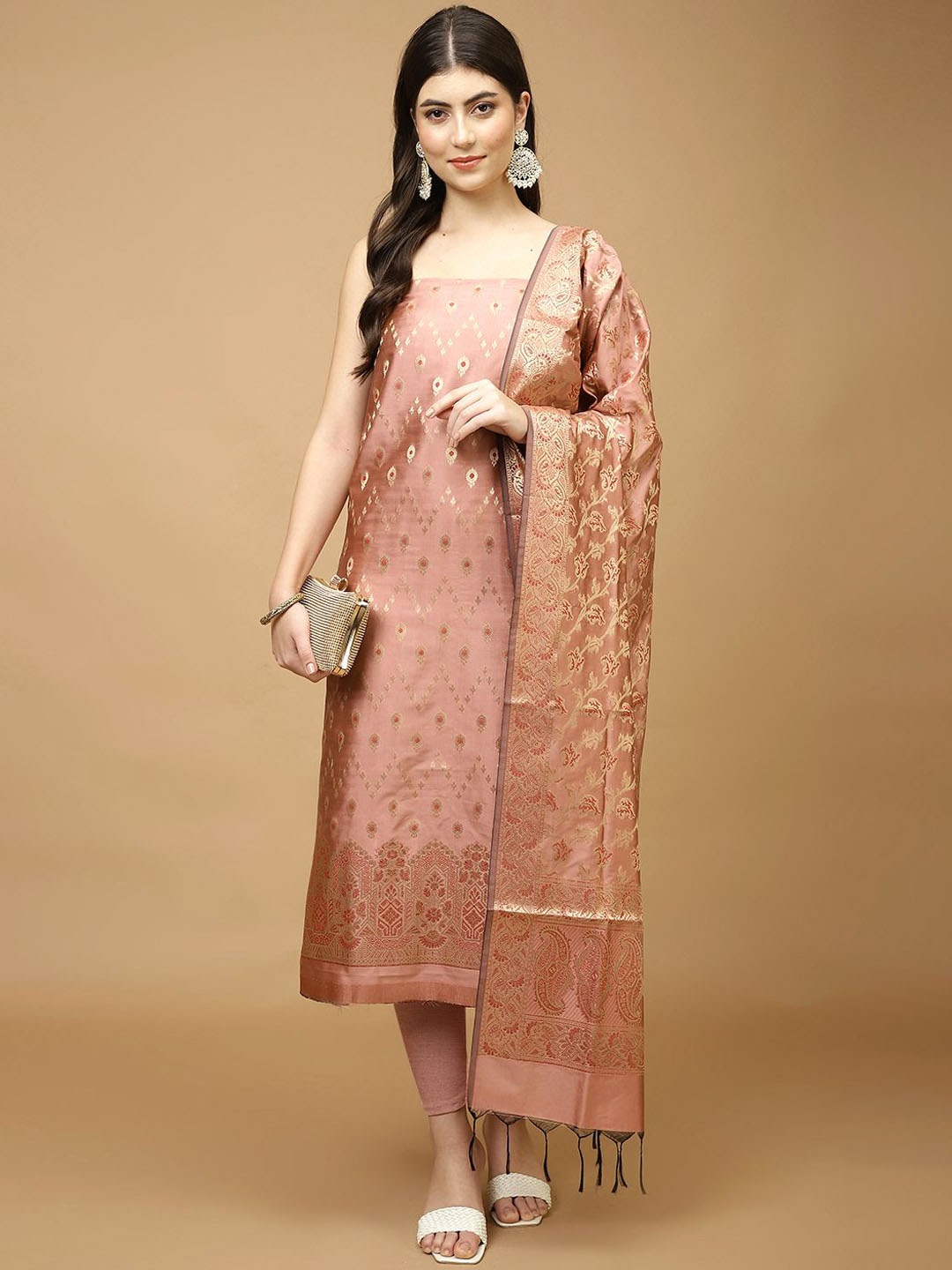 

Meena Bazaar Floral Woven Design Unstitched Dress Material, Pink
