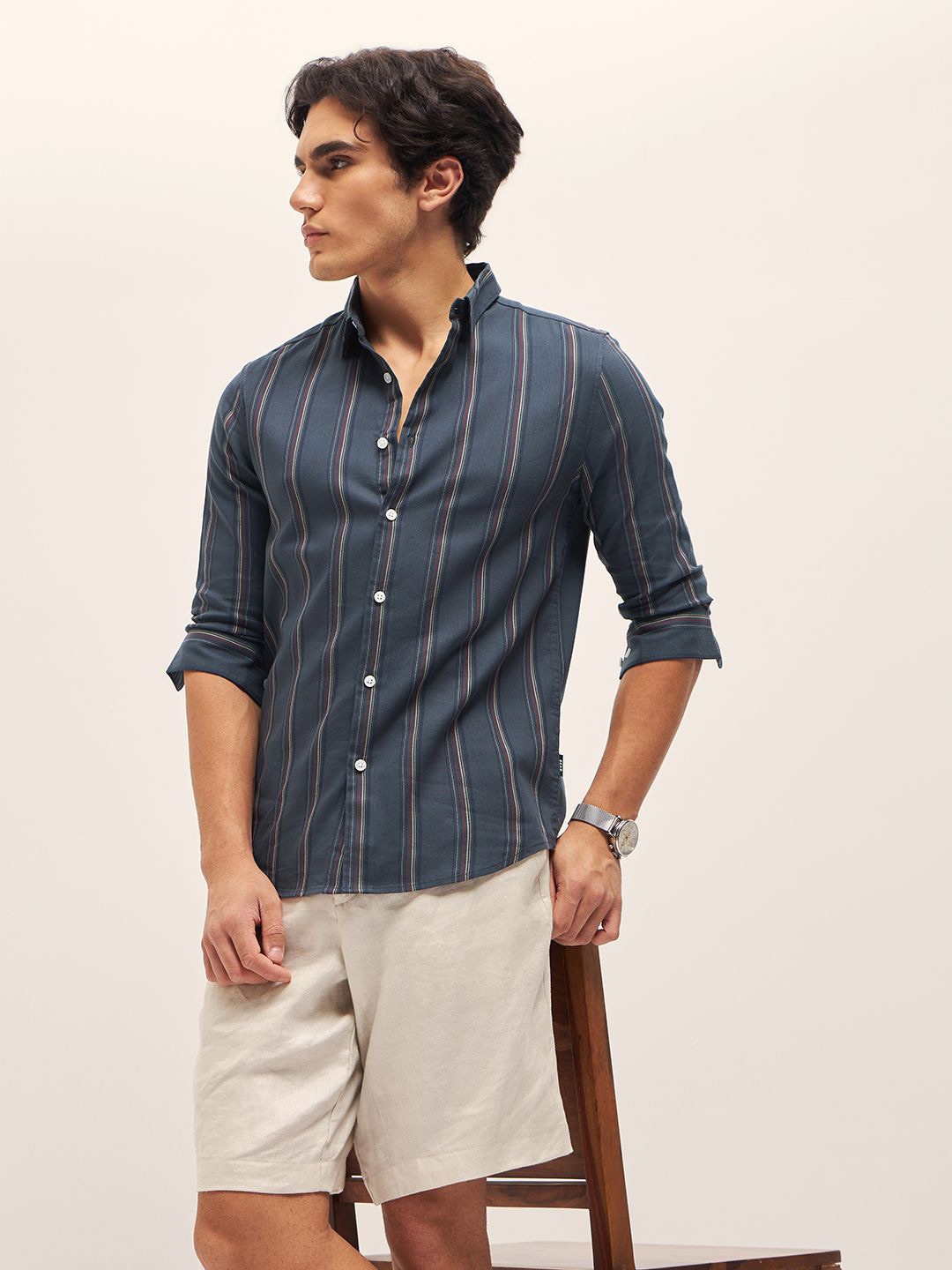 

THE BEAR HOUSE Men Cotton Slim Fit Striped Casual Shirt, Teal