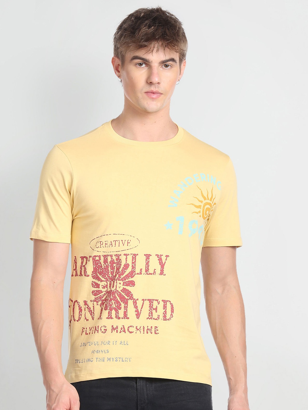 

Flying Machine Typography Printed Cotton T-shirt, Yellow