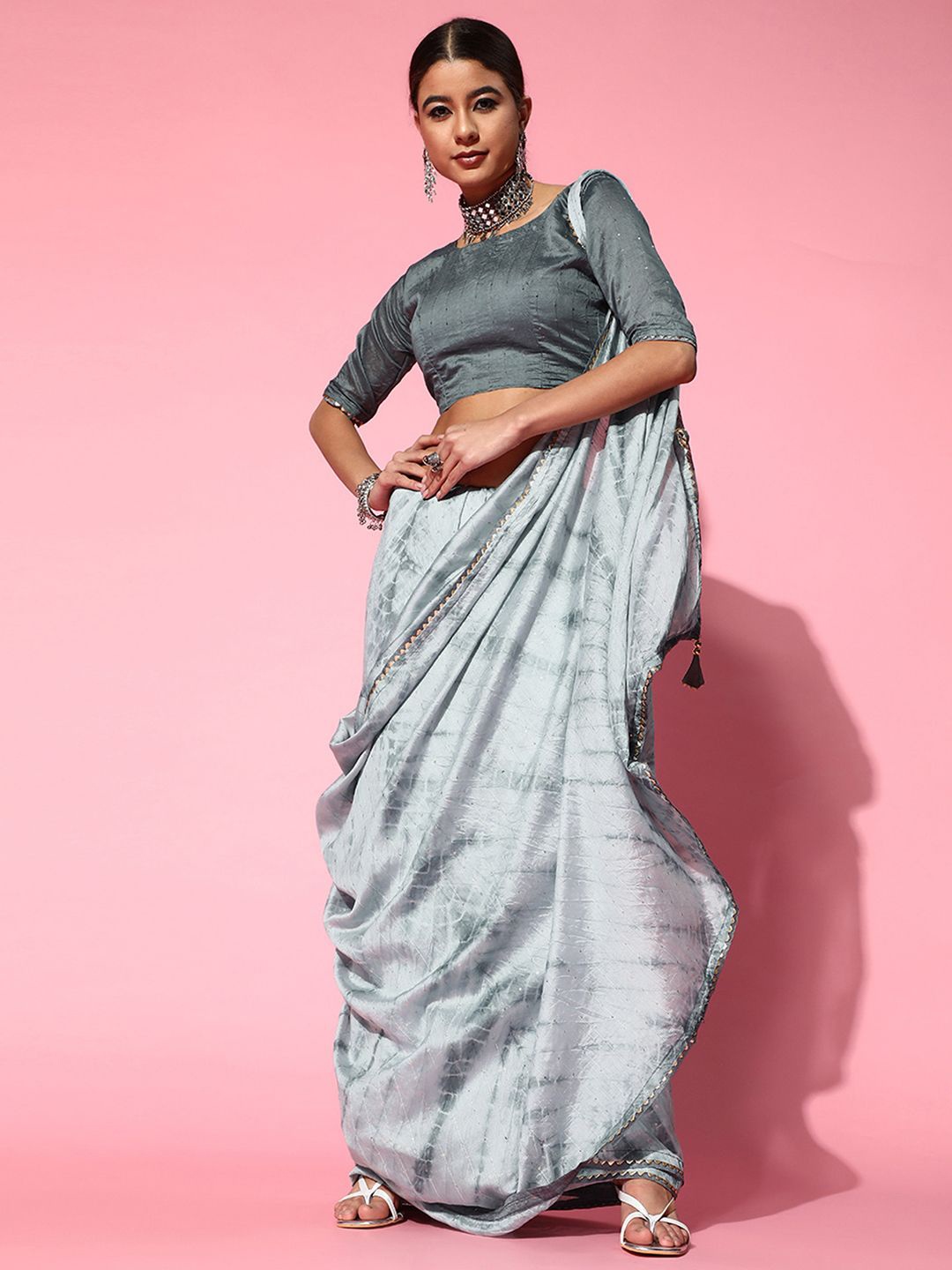 

KALINI Tie and Dye Gotta Patti Silk Blend Saree, Grey