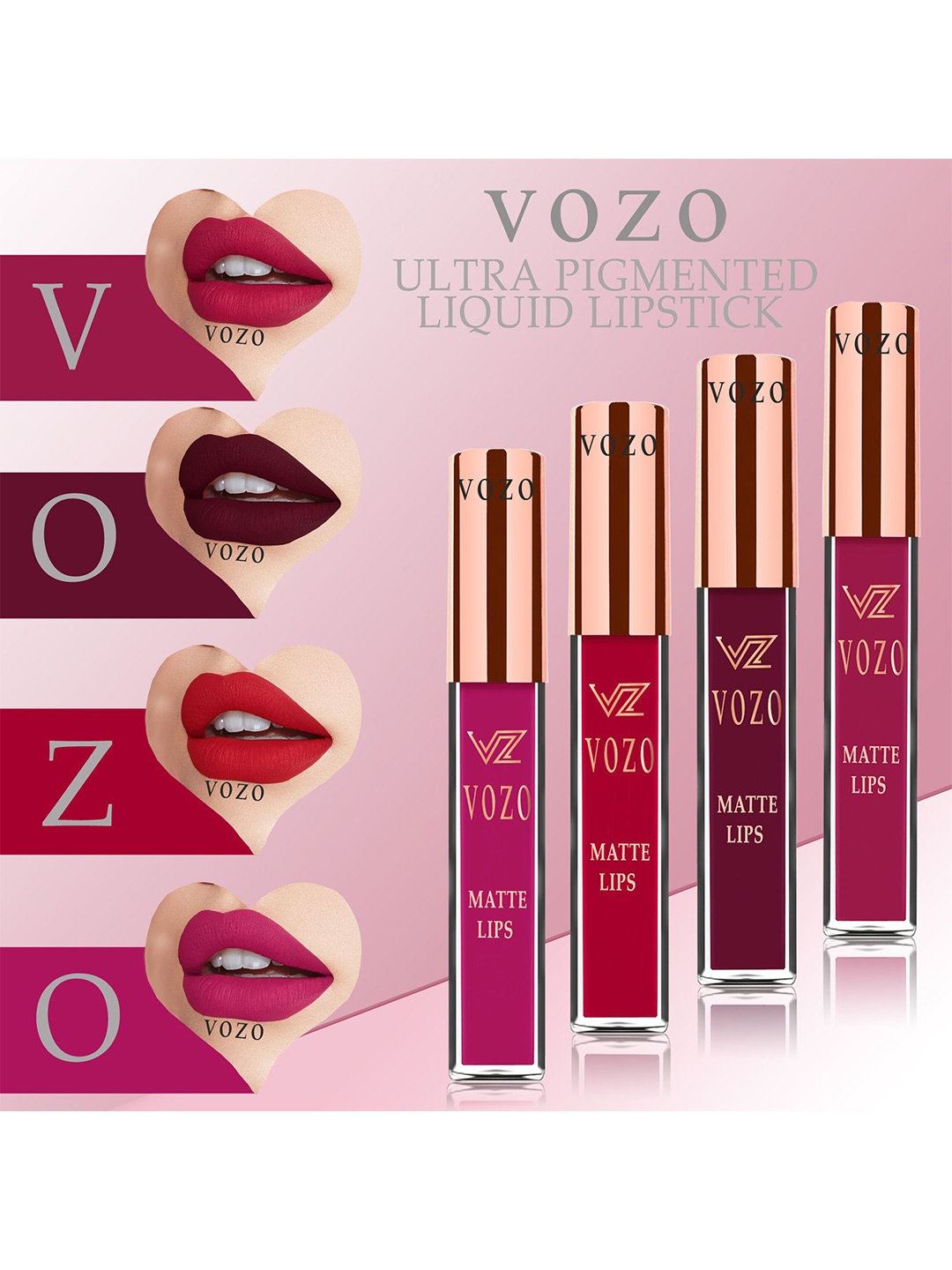 

VOZO Set of 4 Stay-All-Day Matte Liquid Lipstick - 4 ml Each - 101-103-104-106, Red