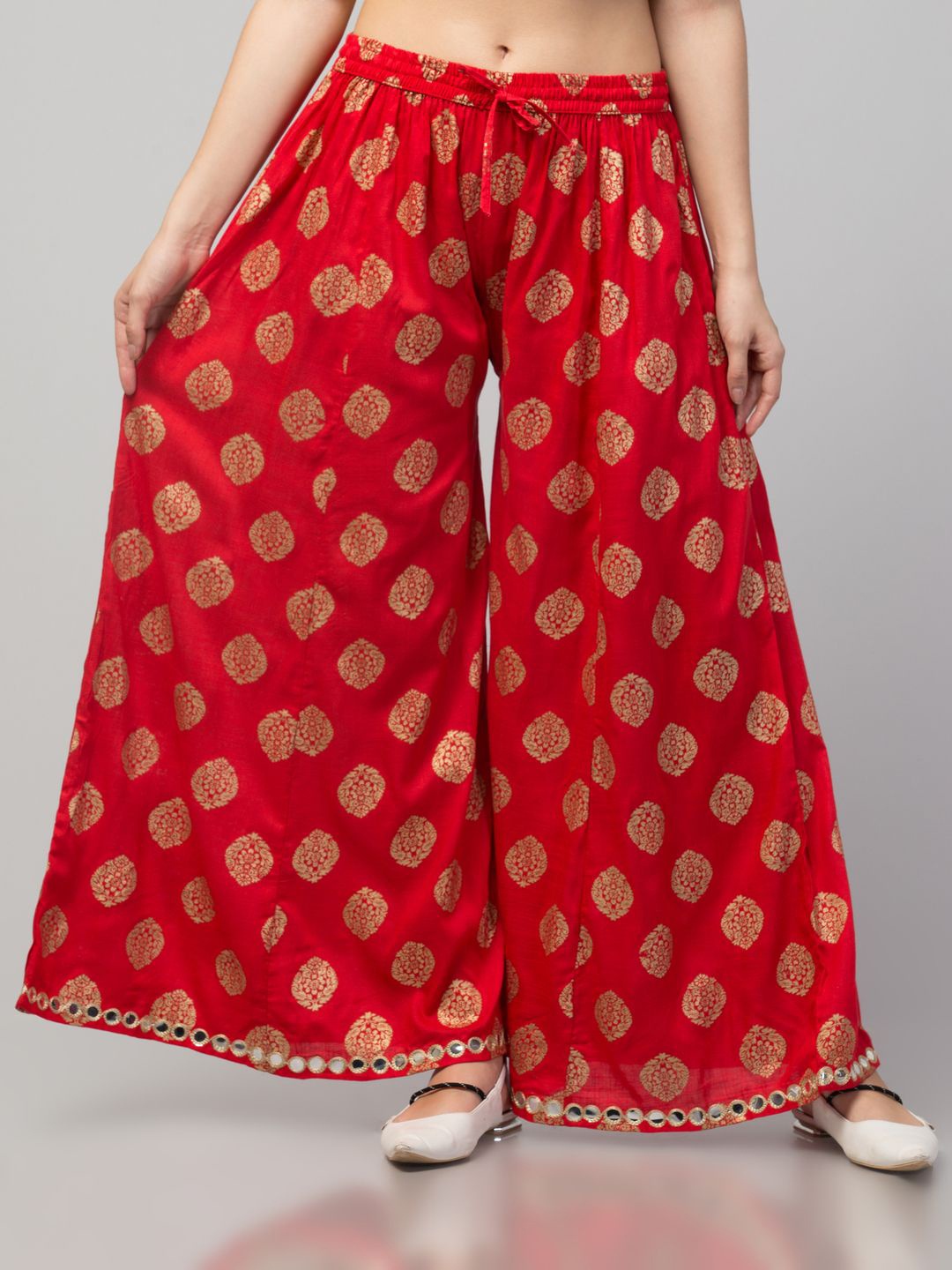 

FAMBEE Women Ethnic Motifs Printed Flared Knitted Palazzos, Red