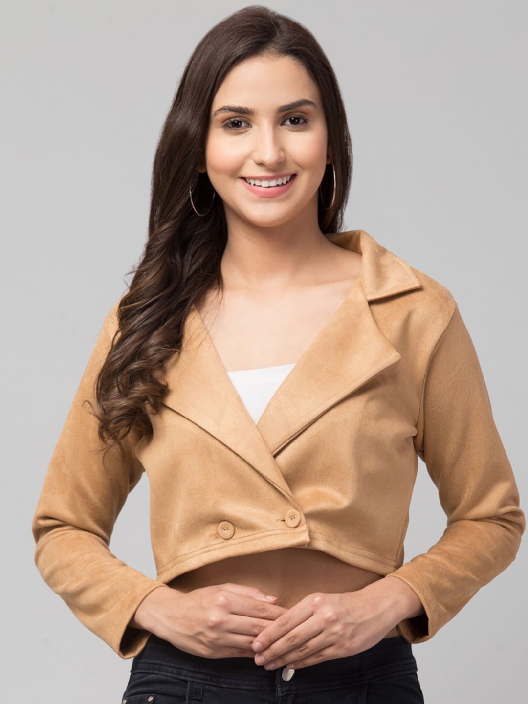 

GalaxyTrendz Women Suede Windcheater Crop Tailored Jacket, Brown