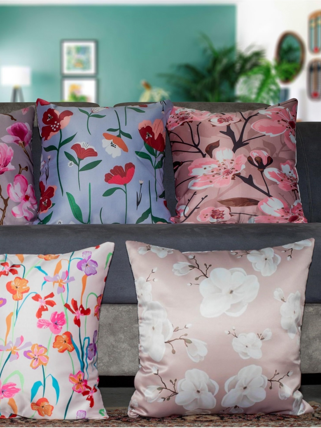 

Vendola Grey & Red 5 Pieces Floral Printed Satin Square Cushion Covers