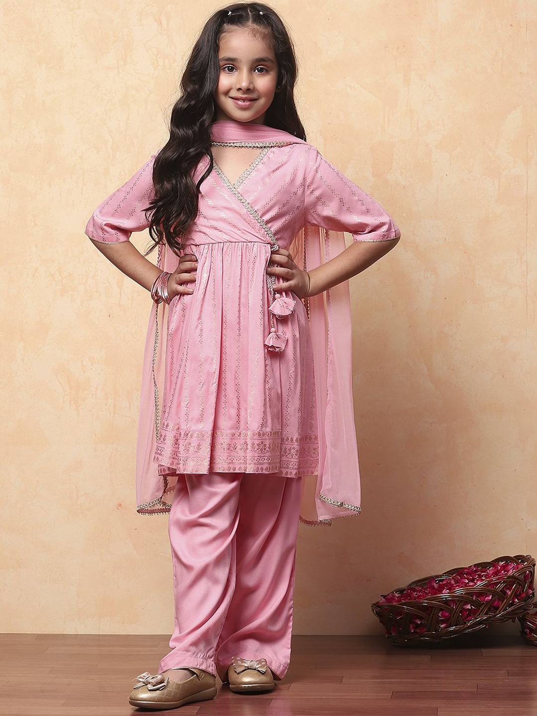 

Biba Girls Woven Design V-Neck Anarkali Kurta with Palazzos & With Dupatta, Peach