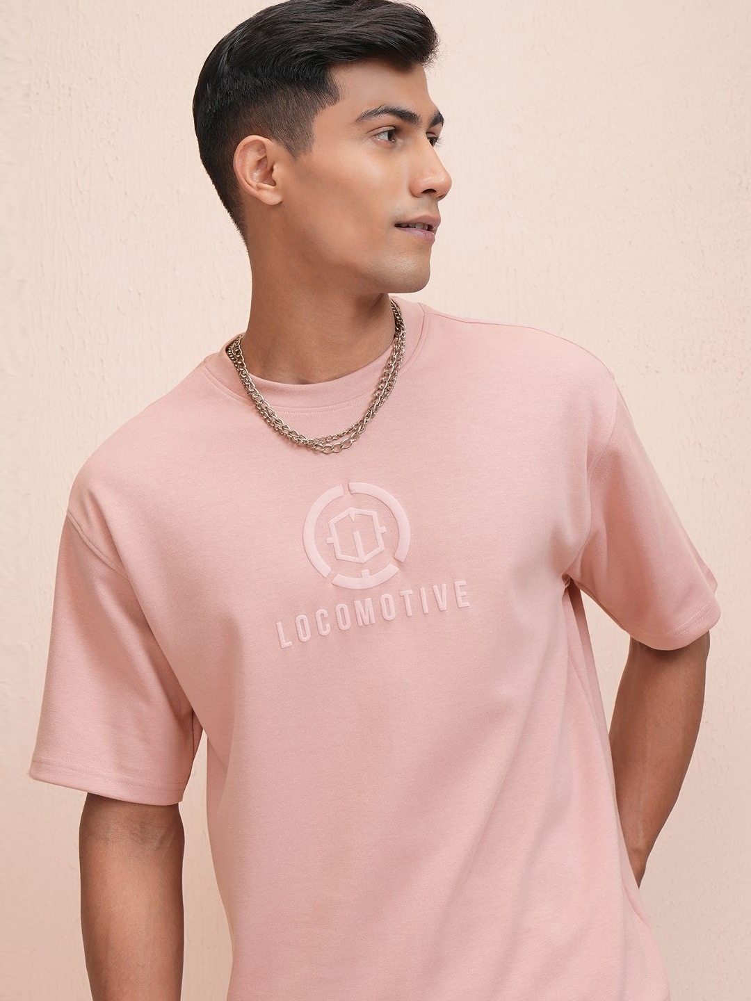 

LOCOMOTIVE Premium Mens Roun Neck Brand Logo Oversized Tshirt, Pink