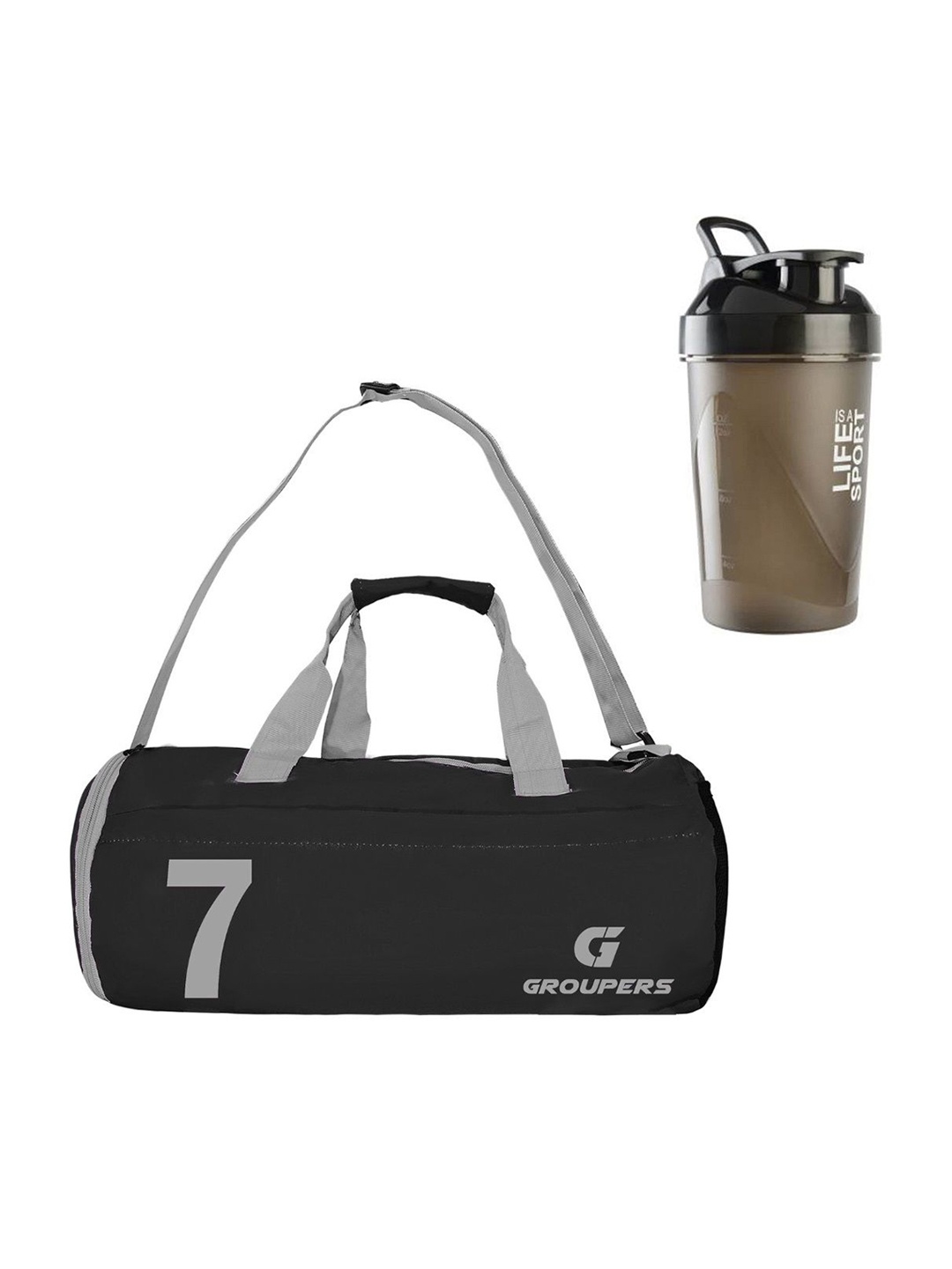 

GROUPERS Printed Medium Foldable Gym Duffel Bag with Shaker Bottle, Black