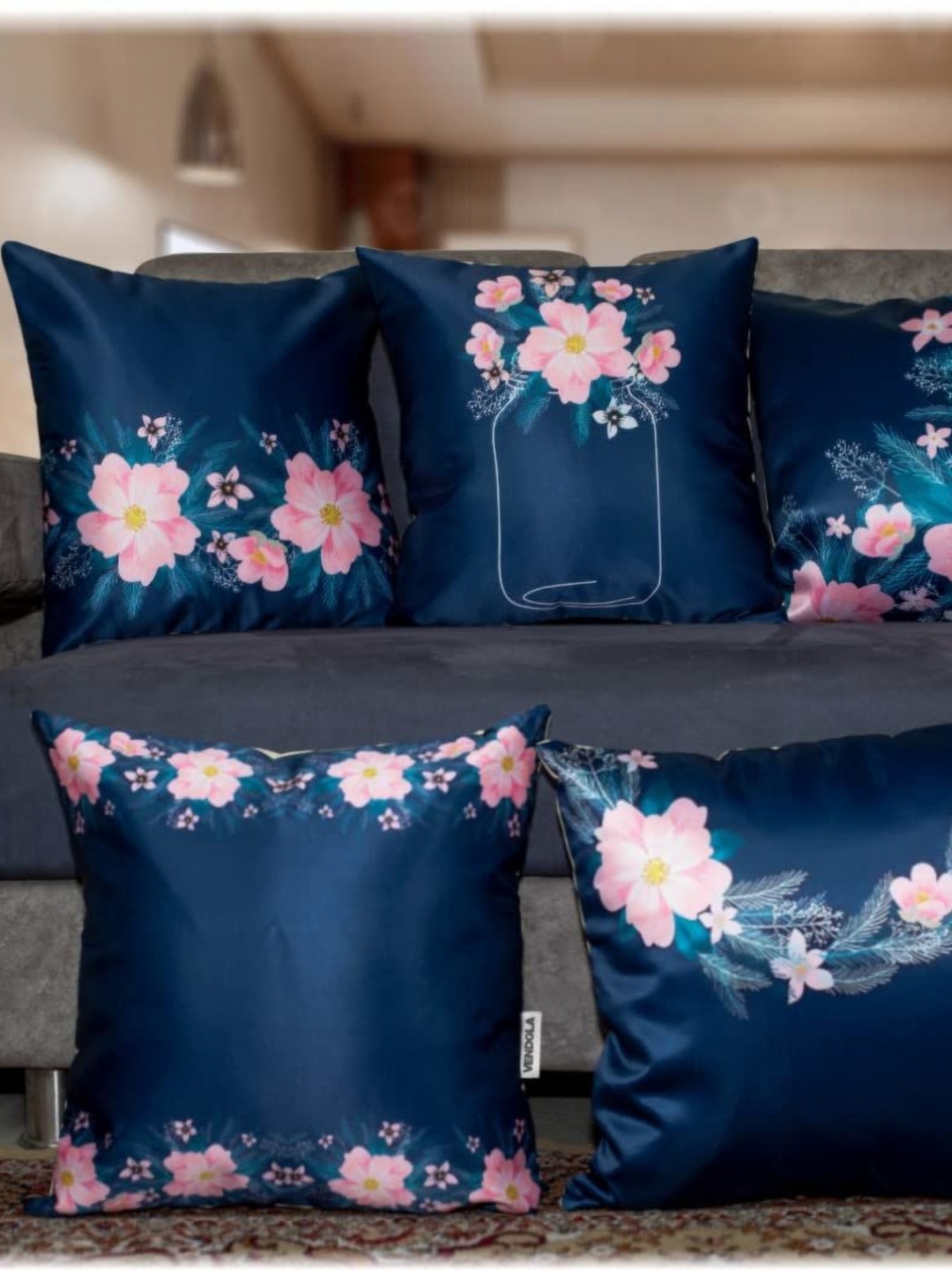 

Vendola Blue & Pink 5 Pieces Floral Printed Square Cushion Covers