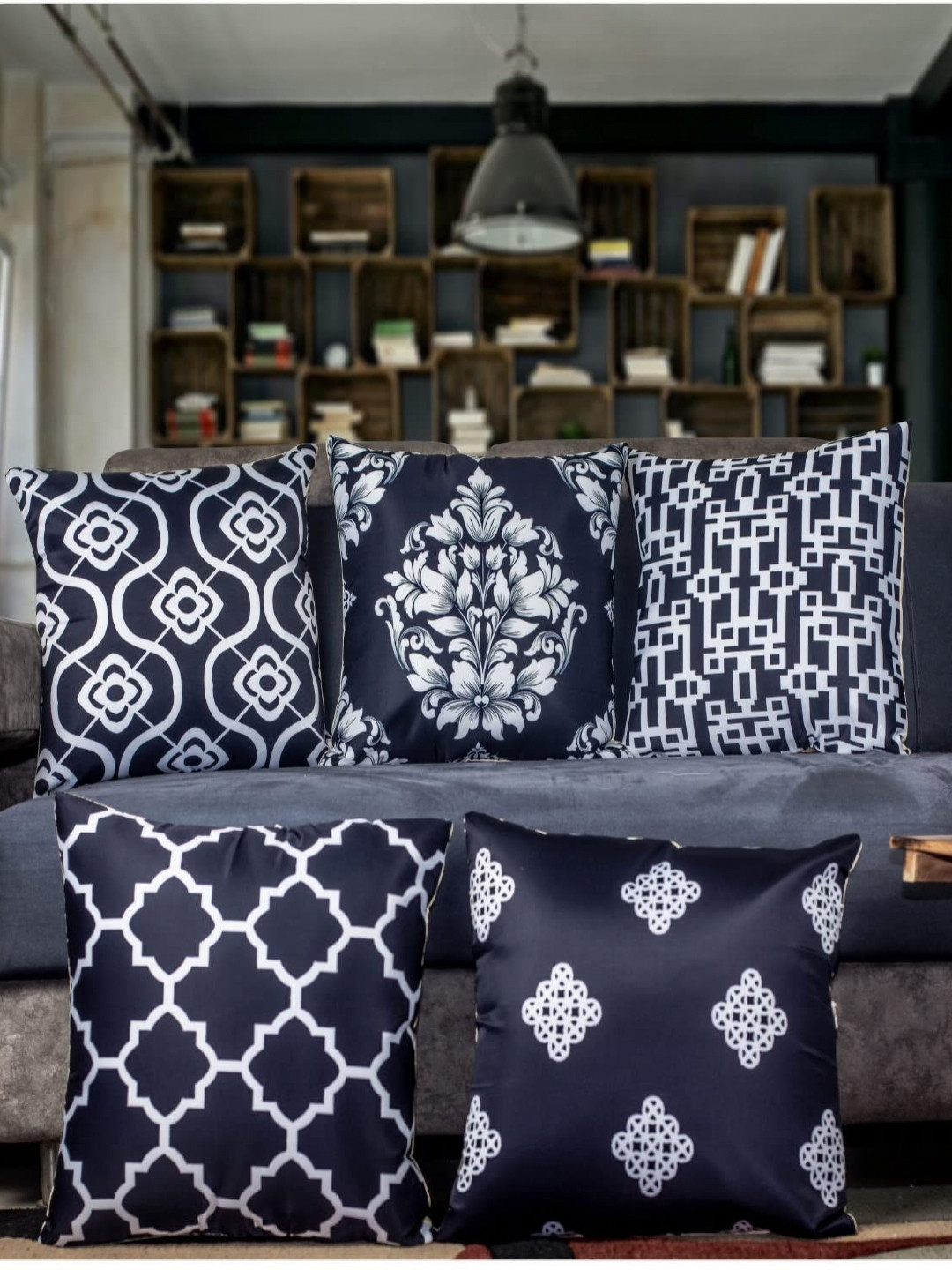 

Vendola Navy Blue & White 5 Pieces Ethnic Motifs Satin Square Cushion Covers