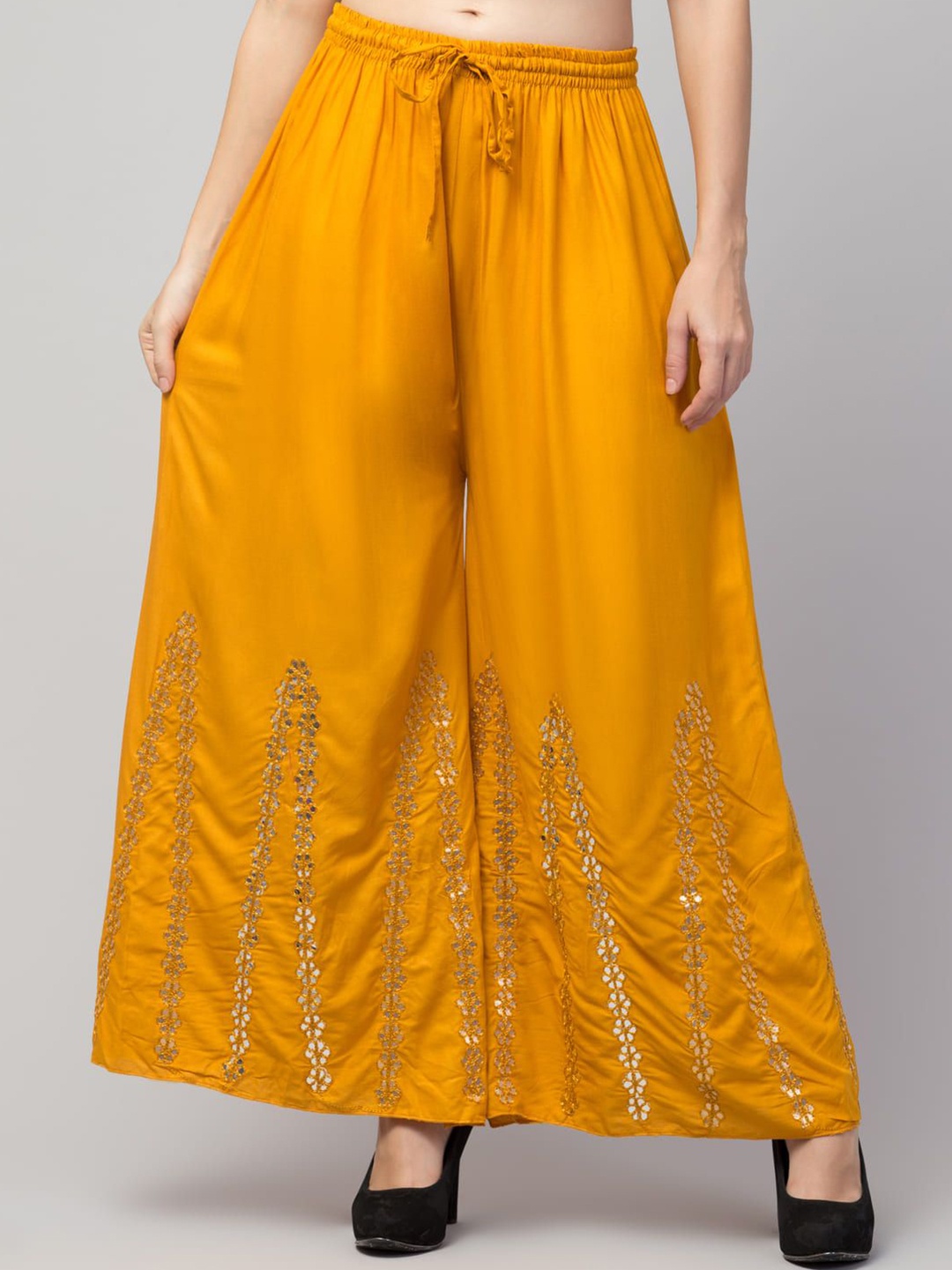 

FAMBEE Women Ethnic Motifs Embroidered Flared Ethnic Palazzos, Mustard