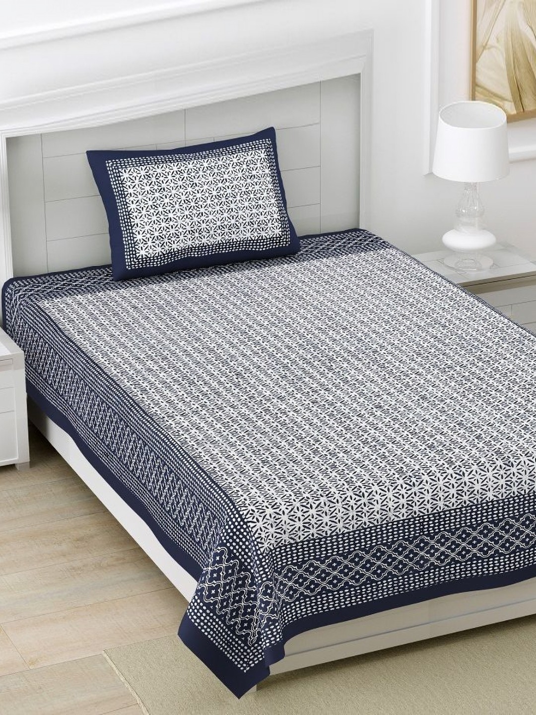 

HOMELINE Blue & White Geometric 160 TC Cotton Single Bedsheet With 1 Pillow Cover