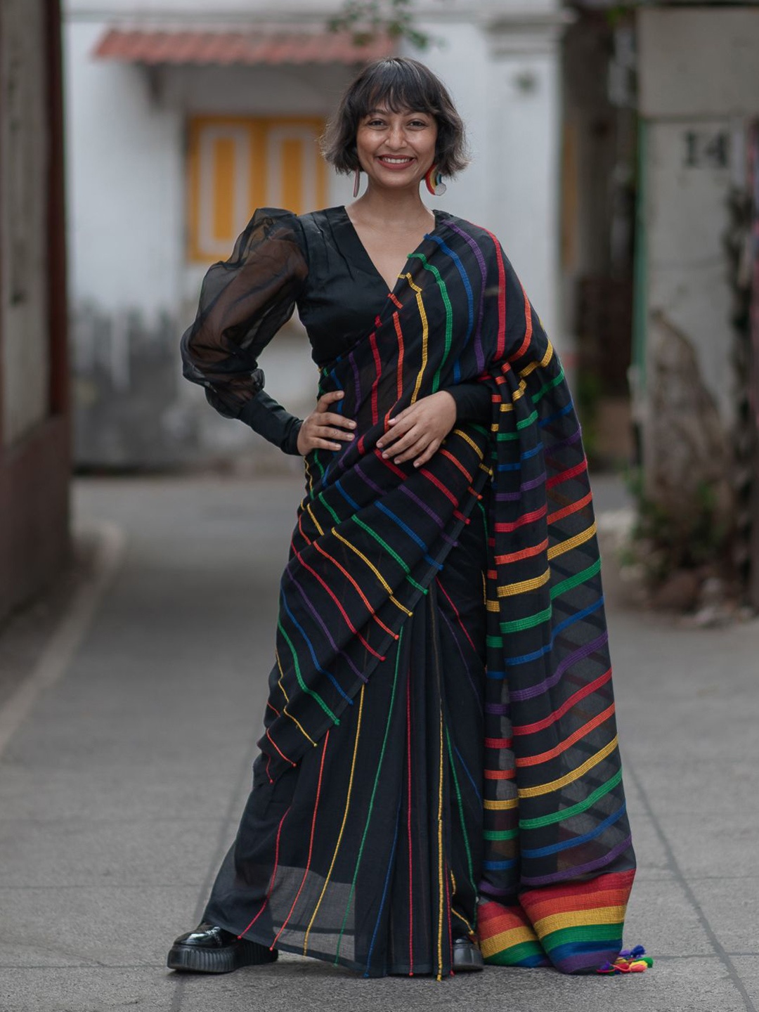 

Suta Striped Pure Cotton Saree, Black