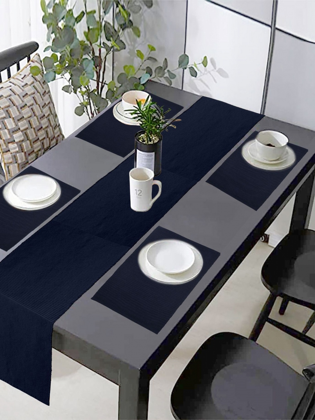 

Lushomes Navy Blue 5 Pieces Cotton Textured Table Linen Set