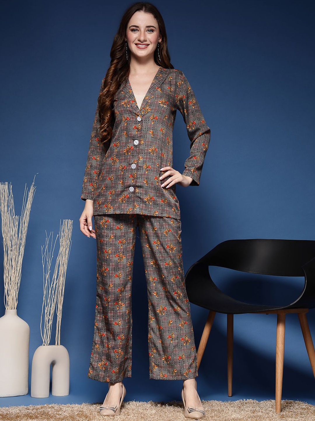 

DAEVISH Printed Top & Trouser With Blazer, Grey