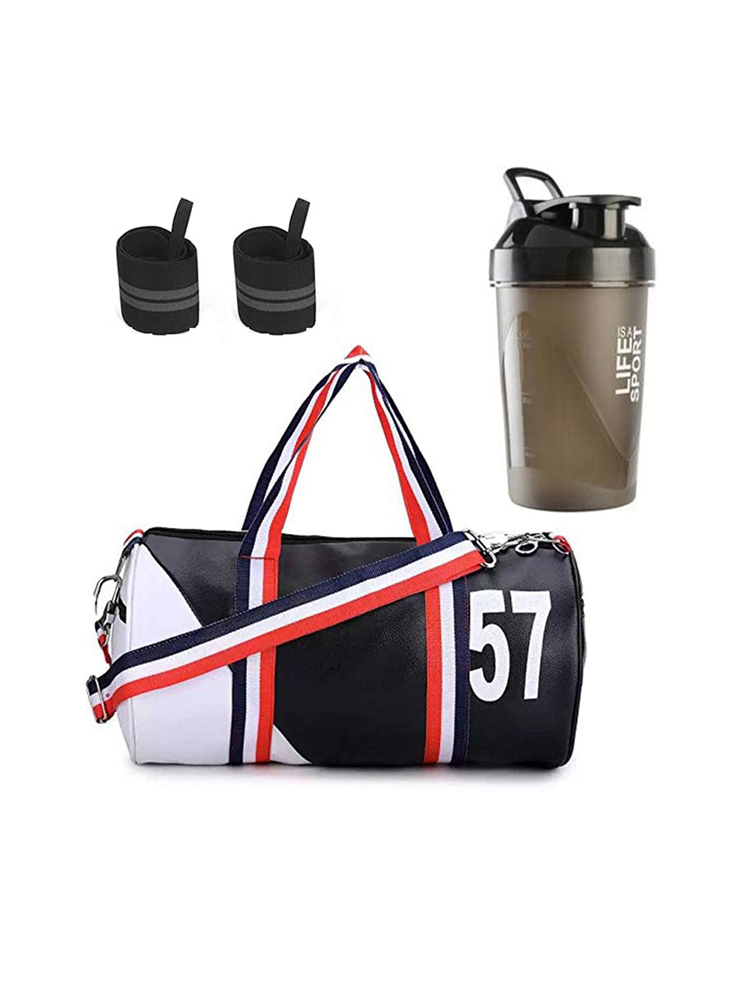 

GROUPERS Colourblocked Small Foldable Sports Duffel Bag With Shaker Bottle & Wrist Band, Black