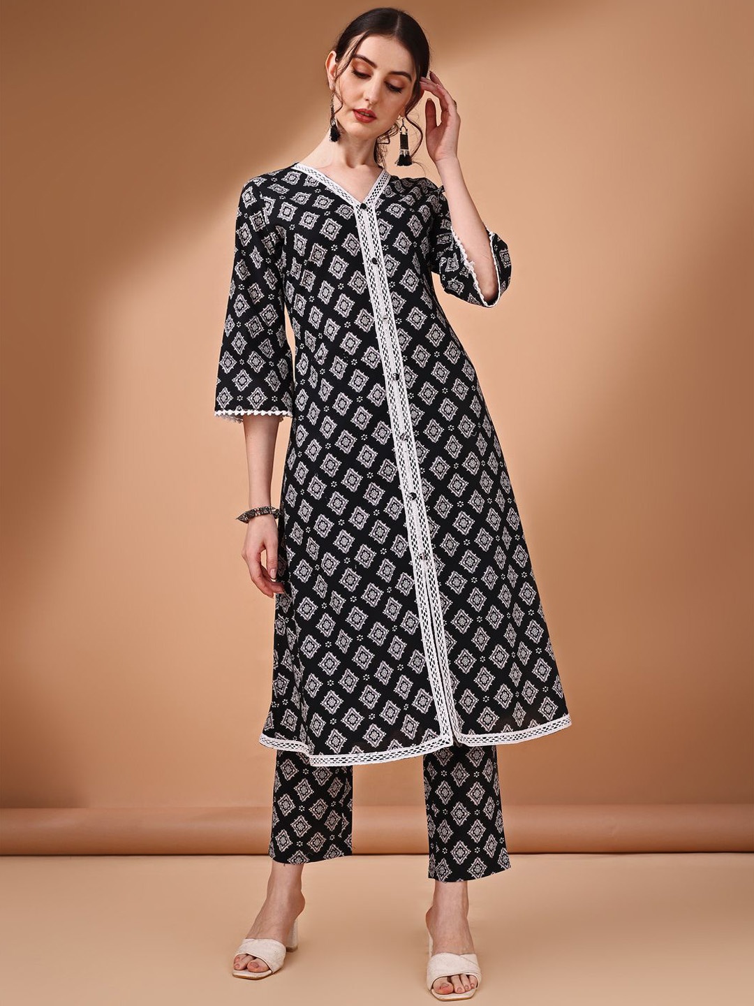 

Anouk Printed Pure Cotton Tunic With Trouser Co-Ords, Black