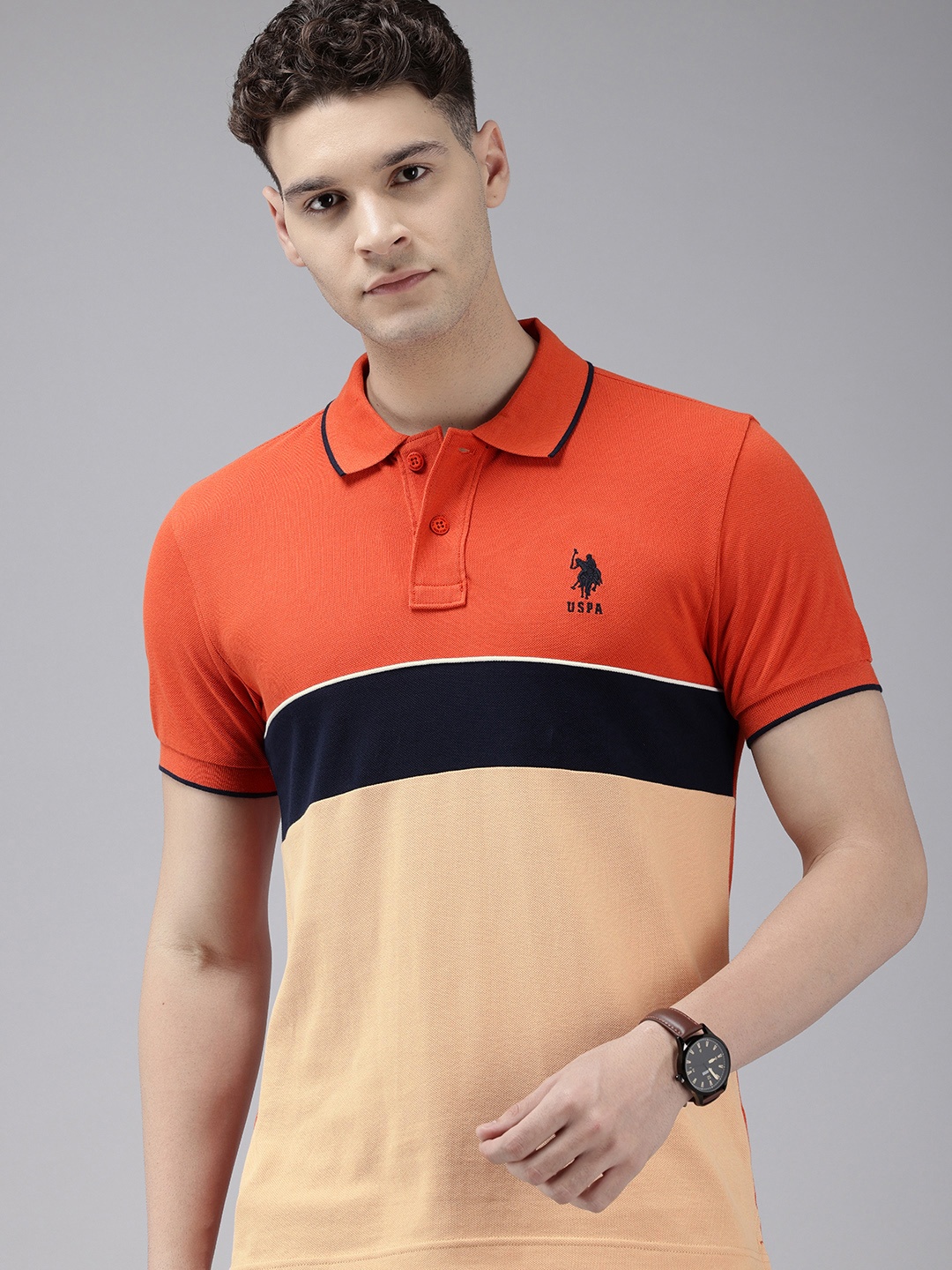

U.S. Polo Assn. Colourblocked Polo Collar Pure Cotton Slim Fit T-shirt, Orange