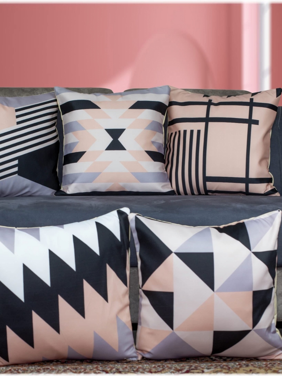 

Vendola Beige & Black 5 Pieces Geometric Satin Square Cushion Covers