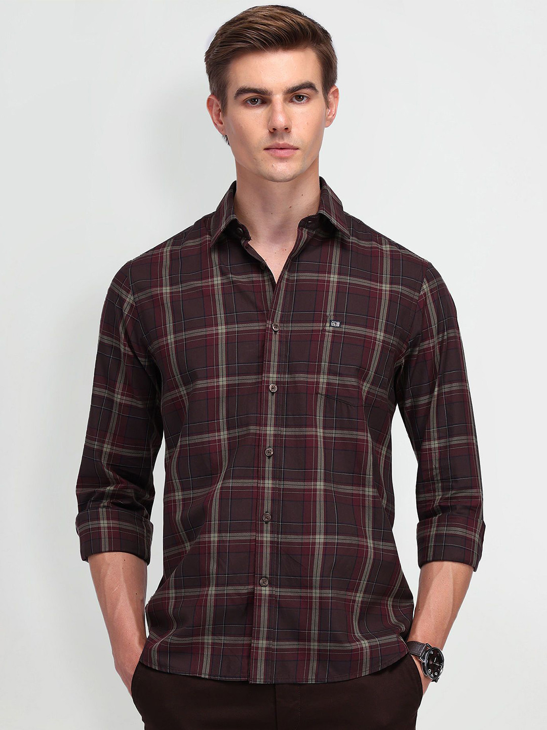 

Arrow Sport Men Modern Slim Fit Opaque Checked Casual Shirt, Brown