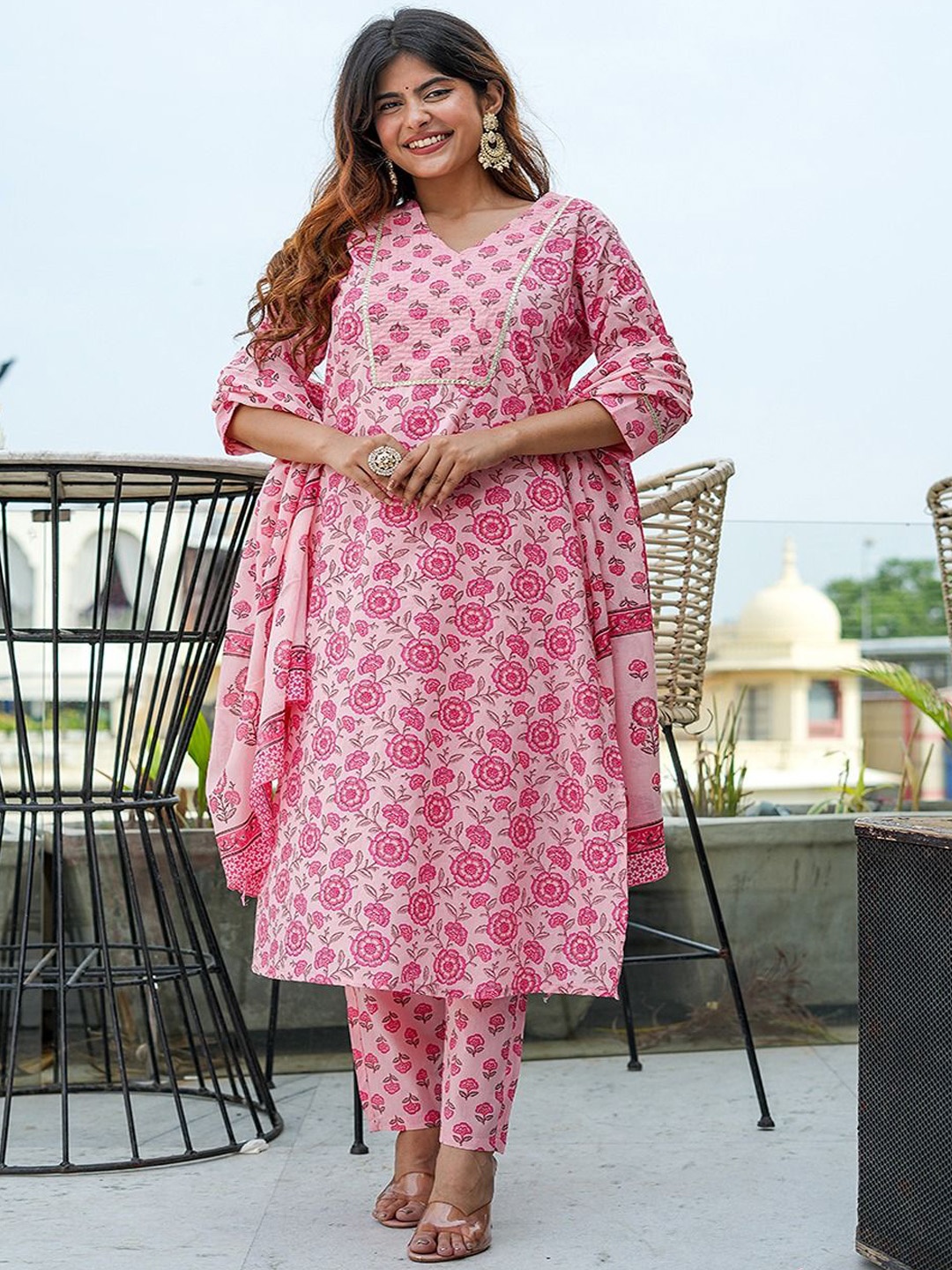

KALINI Women Floral Printed Regular Thread Work Pure Cotton Kurta with Trousers & With Dupatta, Peach