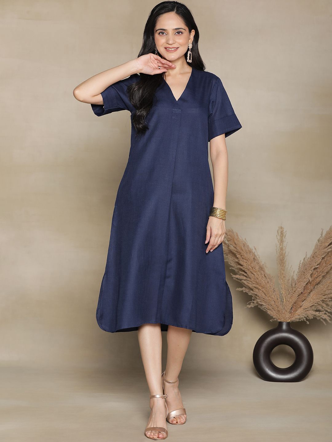 

LetsDressUp V-Neck Cotton A-Line Midi Dress, Navy blue