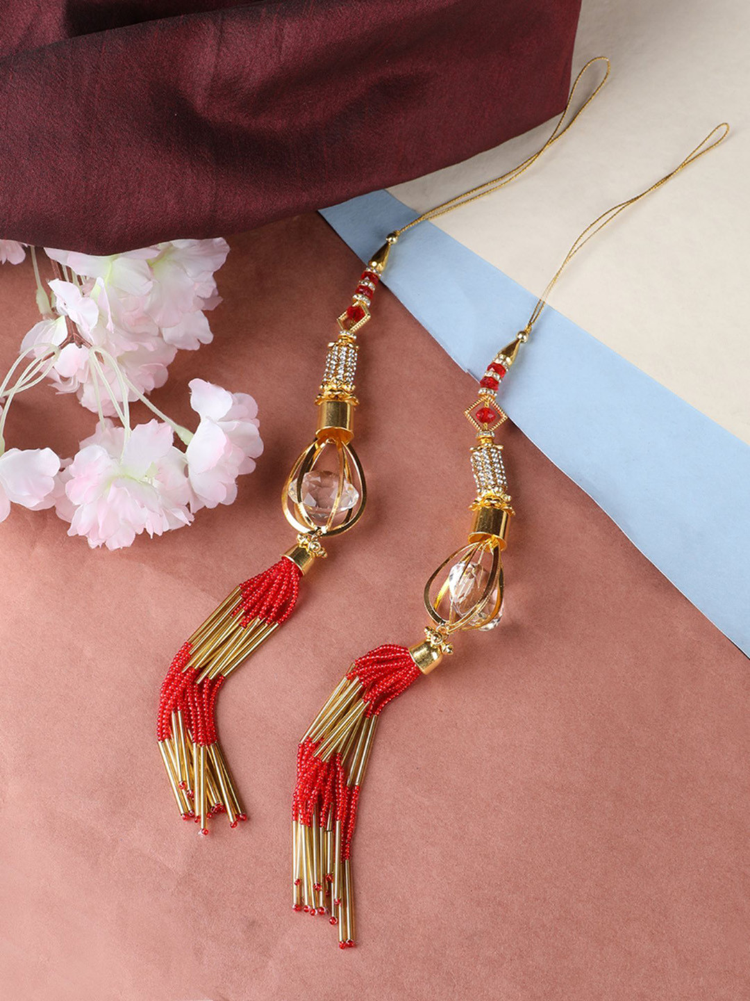 

ANIKAS CREATION Set of 2 Cubic Zirconia Studded Waist Chains Saree Accessories, Red