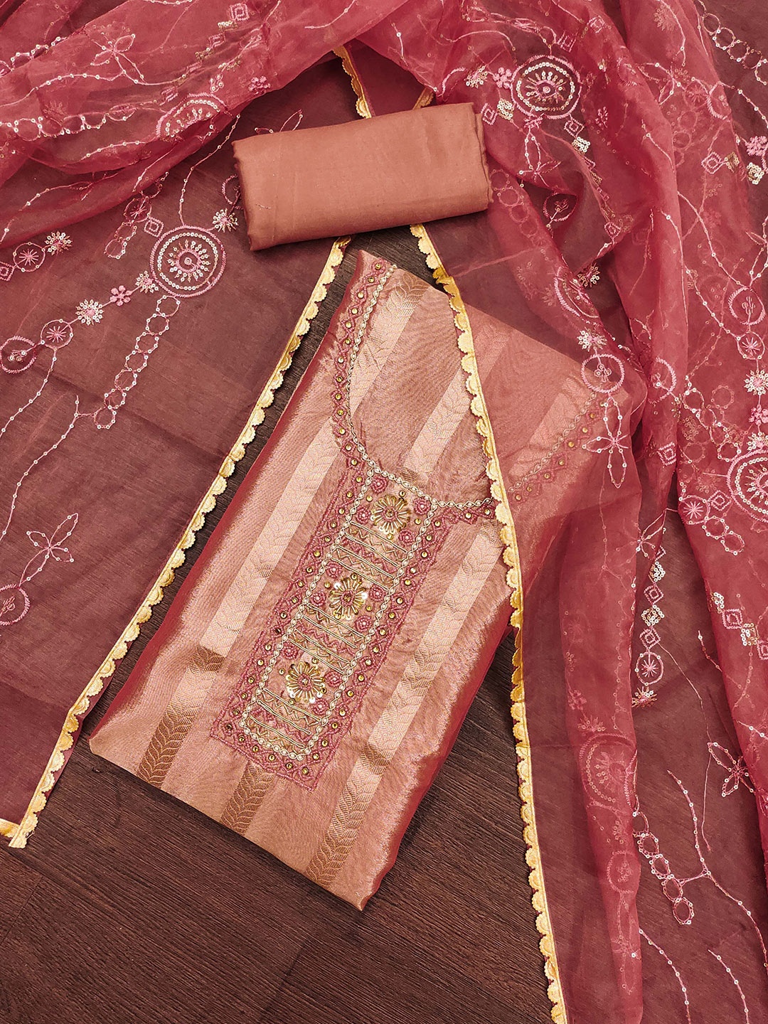 

KALINI Organza Unstitched Dress Material, Peach