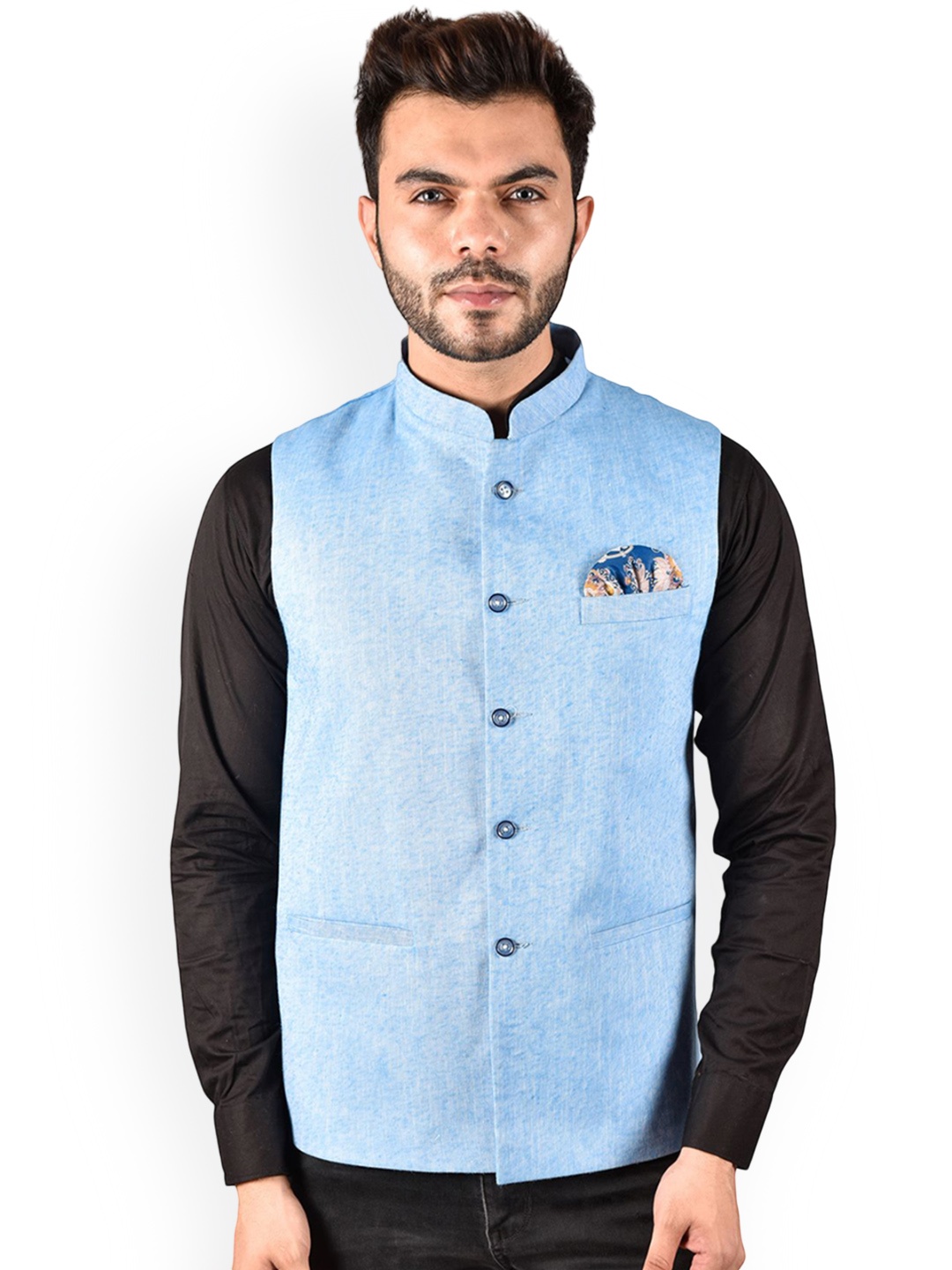 

PRINTCULTR Textured Woven Nehru Jacket, Blue