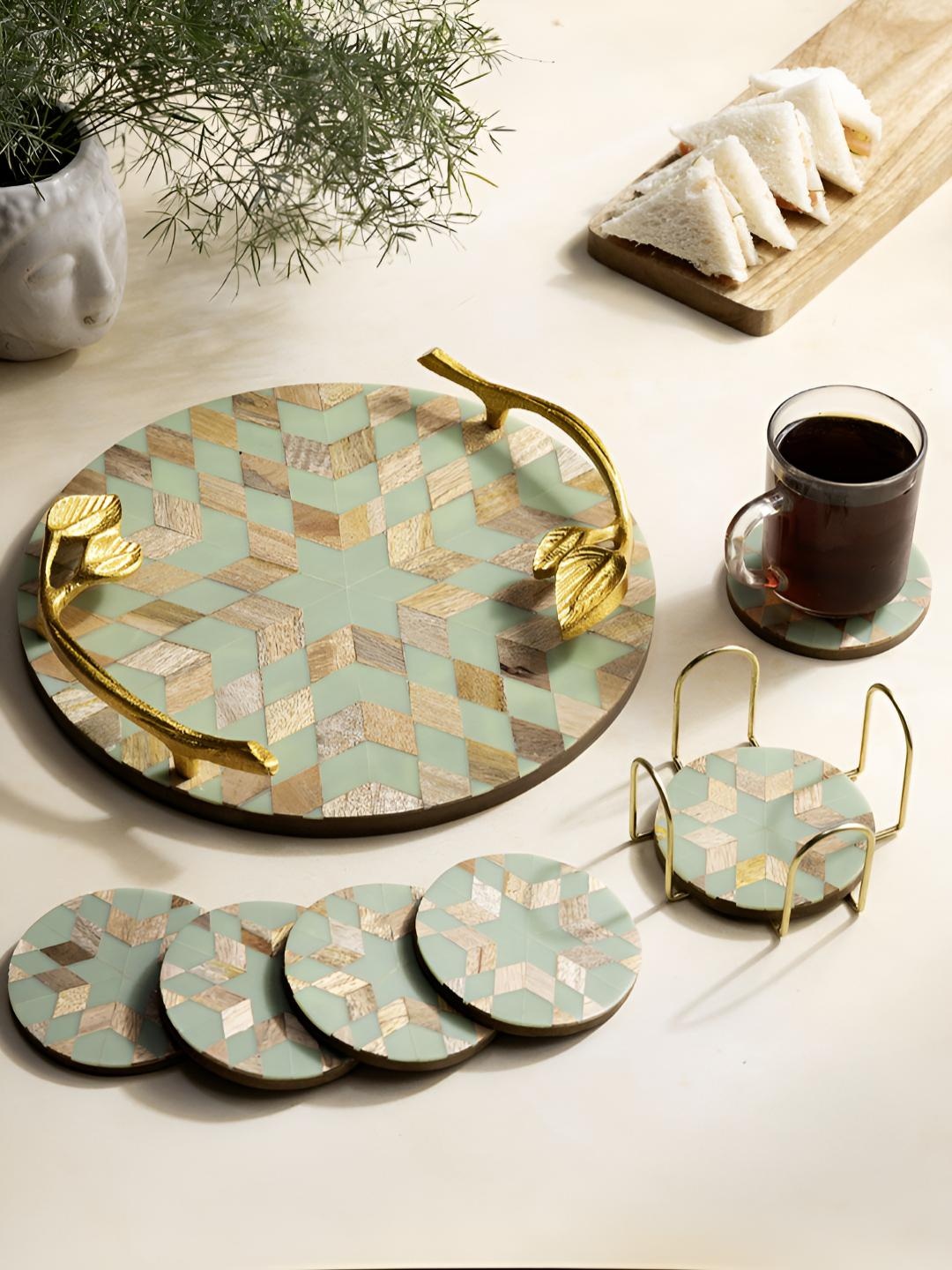 

DULI Blue & Gold Toned 7 Pieces Geometric Wooden Serving Tray with Coasters