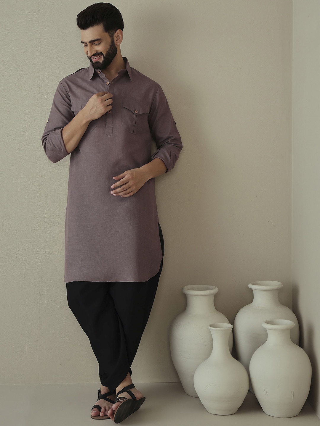 

Inddus Men Regular Kurta with Dhoti Pants, Grey