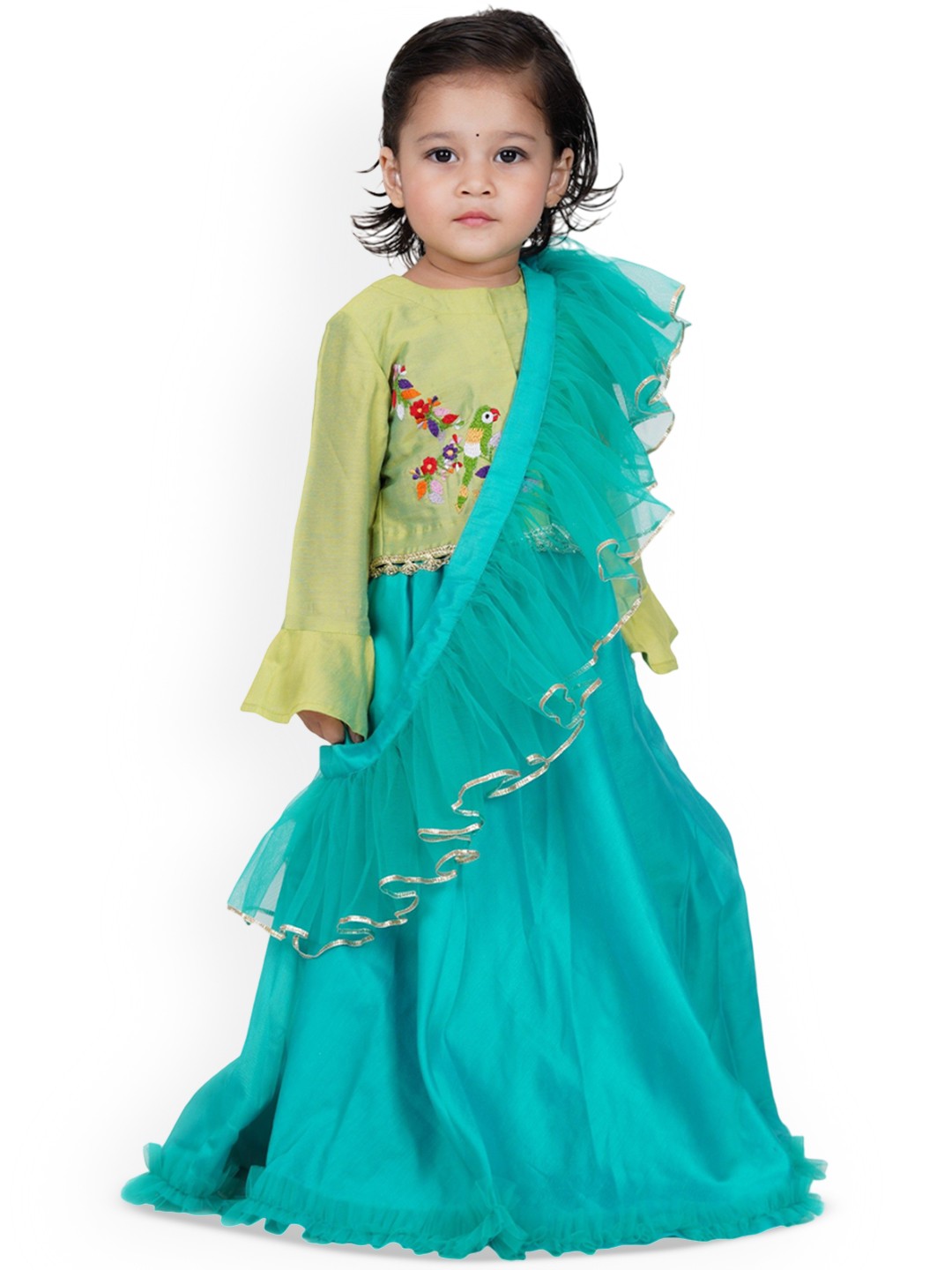 

Kiddorama Girls Embroidered Thread Work Cotton Ready to Wear Lehenga & Blouse With Dupatta, Green