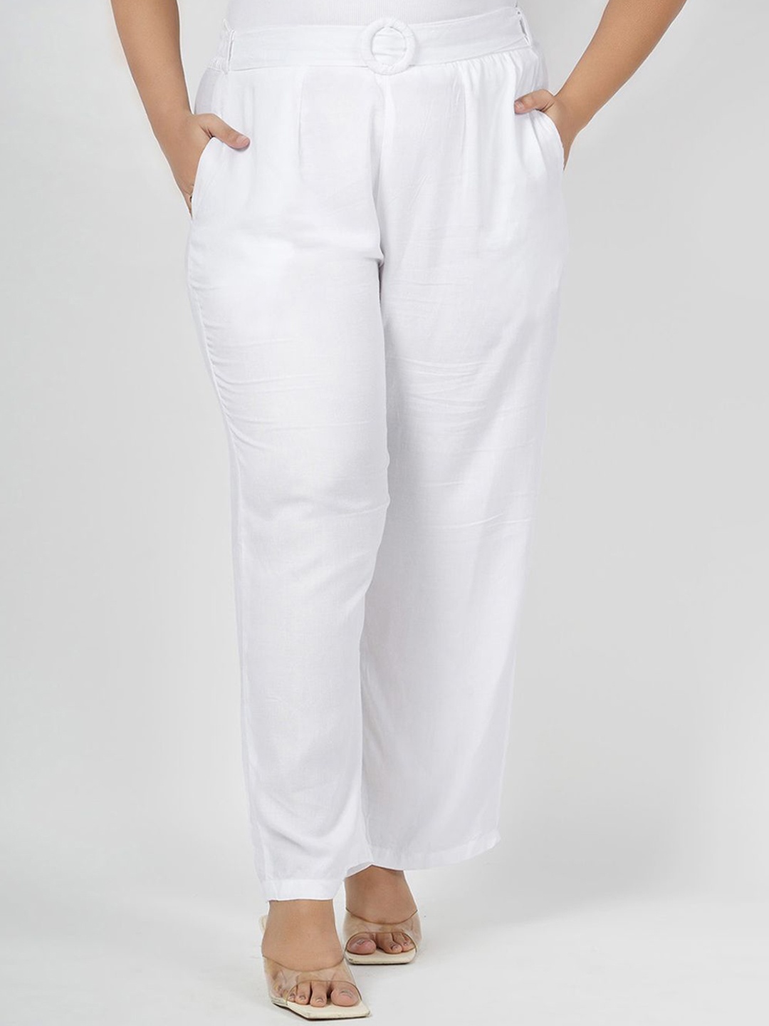 

LastInch Women Plus Size Classic Straight Fit High-Rise Easy Wash Pleated Regular Trouser, White