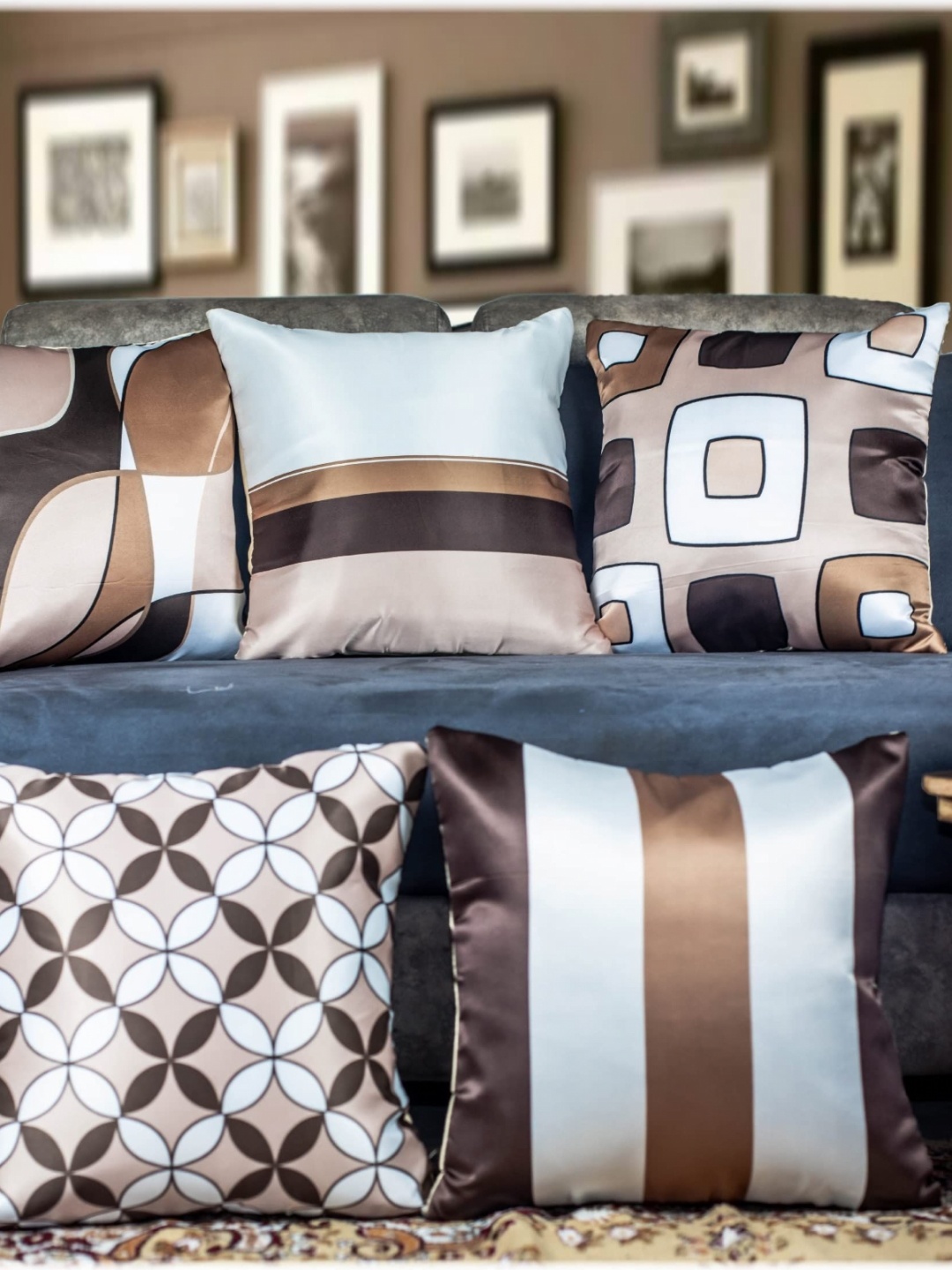 

Vendola Brown & Blue 5 Pieces Geometric Square Cushion Covers